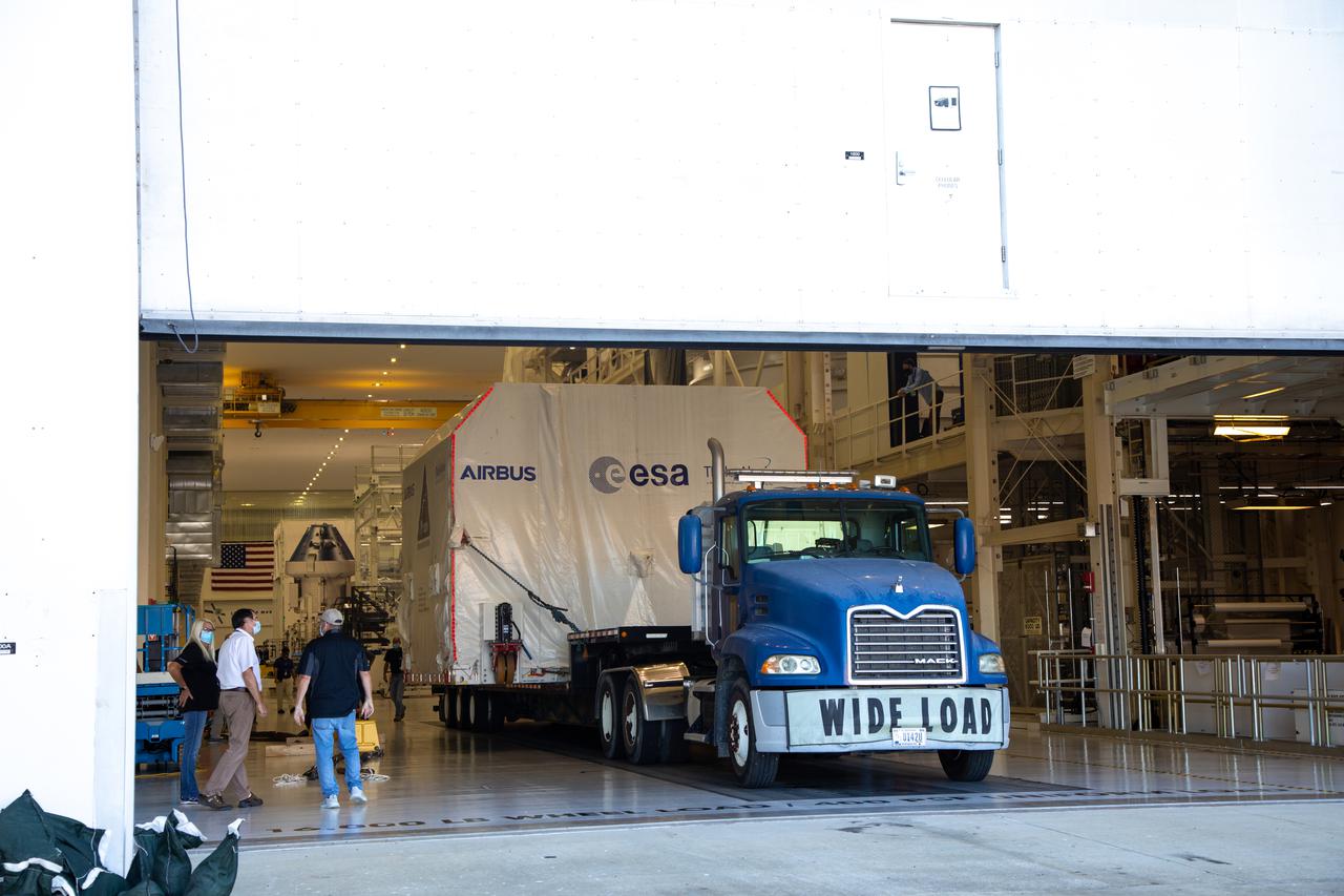 The European Service Module (ESM) for NASA’s Orion spacecraft arrived at the Neil A. Armstrong Operations and Checkout Facility at Kennedy Space Center in Florida on Oct 14, 2021. Earlier in the day the ESM arrived at the Launch and Landing Facility at Kennedy after making the journey from the Airbus Facility in Bremen, Germany, aboard a Russian Antonov aircraft. There, teams from NASA and Lockheed Martin will integrate the service module with the crew module adapter and crew module, already housed in the facility. The powerhouse that will fuel and propel Orion in space, the ESM will be used for Artemis II, the first Artemis mission flying crew aboard Orion. Teams with the European Space Agency and Airbus built the service module. 