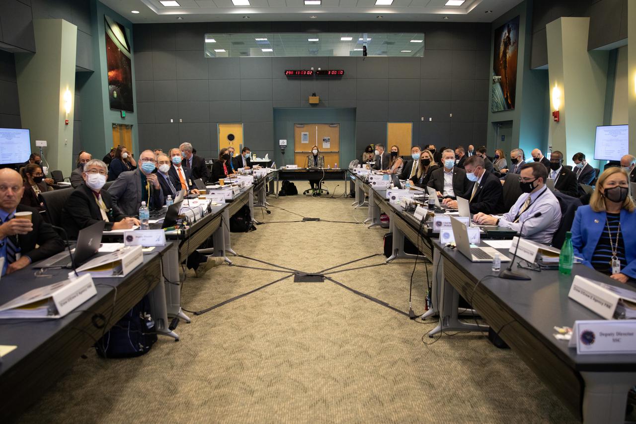 NASA and SpaceX managers participate in a Flight Readiness Review for the agency’s SpaceX Crew-3 mission at Kennedy Space Center in Florida on Oct. 25, 2021. International partners also participated. In view in front, at right, is Kennedy’s Center Director Janet Petro. Crew-3 is scheduled to launch to the International Space Station from Kennedy’s Launch Complex 39A on Oct. 31, 2021 as part of NASA’s Commercial Crew Program. Liftoff of the Falcon 9 rocket and Crew Dragon spacecraft is targeted for 2:21 a.m. EDT.