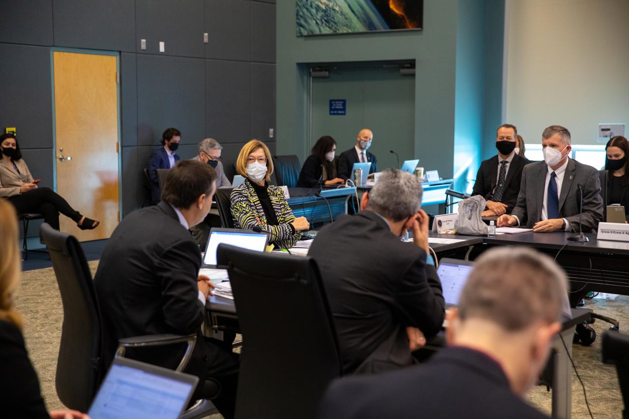 NASA and SpaceX managers participate in a Flight Readiness Review (FRR) for the agency’s SpaceX Crew-3 mission at Kennedy Space Center in Florida on Oct. 25, 2021. International partners also participated. Attending the FRR is Kathy Lueders, center, NASA associate administrator, Human Exploration and Operations Mission Directorate. Crew-3 is scheduled to launch to the International Space Station from Kennedy’s Launch Complex 39A on Oct. 31, 2021 as part of NASA’s Commercial Crew Program. Liftoff of the Falcon 9 rocket and Crew Dragon spacecraft is targeted for 2:21 a.m. EDT.