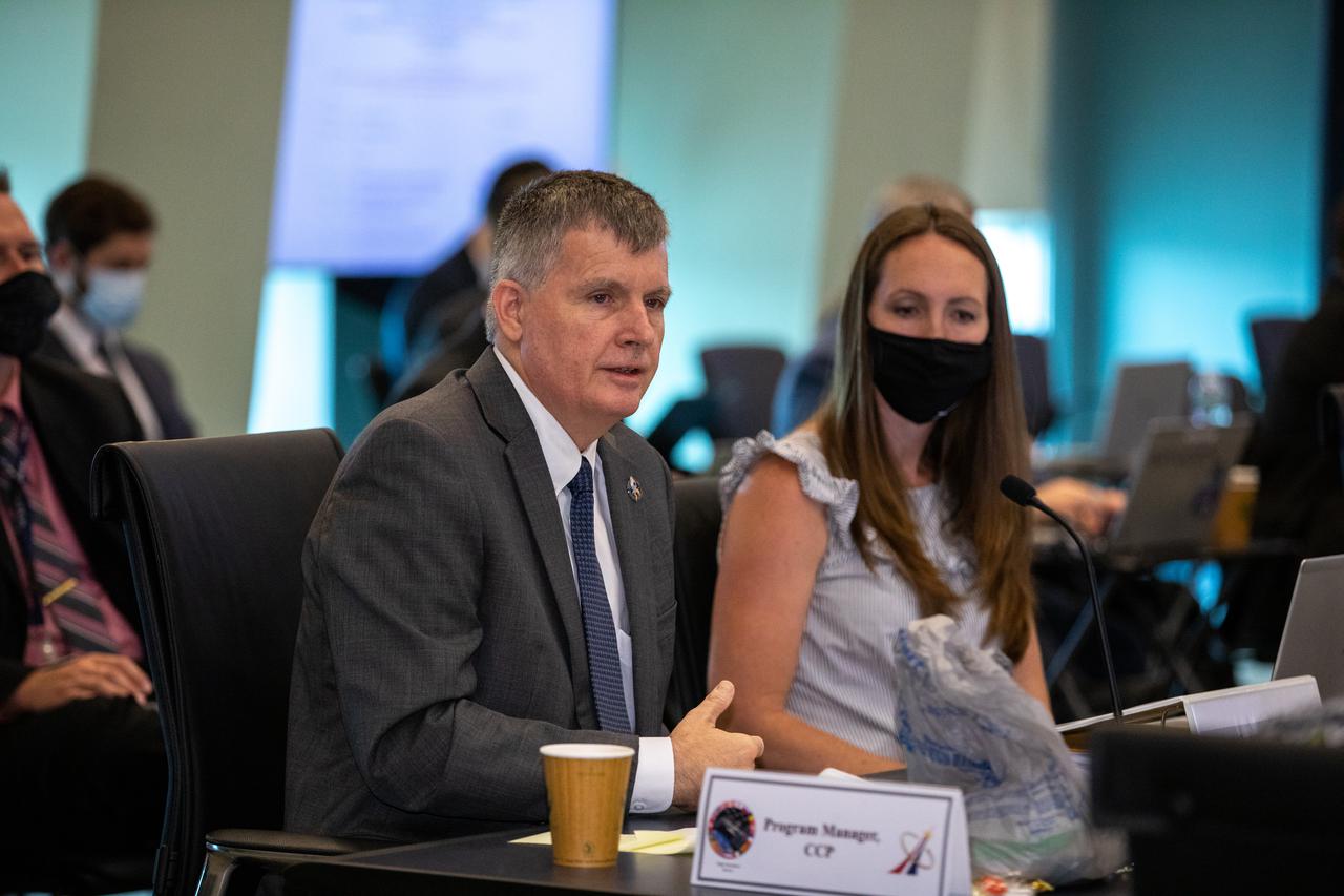 Steve Stich, at left, manager, Commercial Crew Program at Kennedy Space Center, participates in a Flight Readiness Review for the agency’s SpaceX Crew-3 mission at the center in Florida on Oct. 25, 2021. International partners also participated. NASA and SpaceX mission managers held the FRR to confirm the SpaceX Falcon 9 and Crew Dragon spacecraft are ready for launch. Crew-3 is scheduled to launch to the International Space Station from Kennedy’s Launch Complex 39A on Oct. 31, 2021 as part of NASA’s Commercial Crew Program. Liftoff of the Falcon 9 rocket and Crew Dragon spacecraft is targeted for 2:21 a.m. EDT.