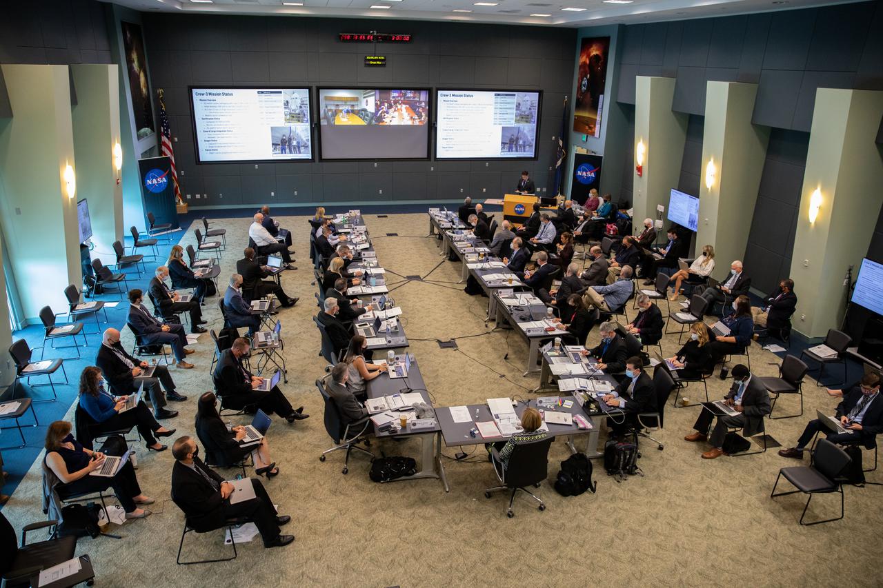 NASA and SpaceX managers participate in a Flight Readiness Review for the agency’s SpaceX Crew-3 mission at Kennedy Space Center in Florida on Oct. 25, 2021. International partners also participated. Crew-3 is scheduled to launch to the International Space Station from Kennedy’s Launch Complex 39A on Oct. 31, 2021 as part of NASA’s Commercial Crew Program. Liftoff of the Falcon 9 rocket and Crew Dragon spacecraft is targeted for 2:21 a.m. EDT.