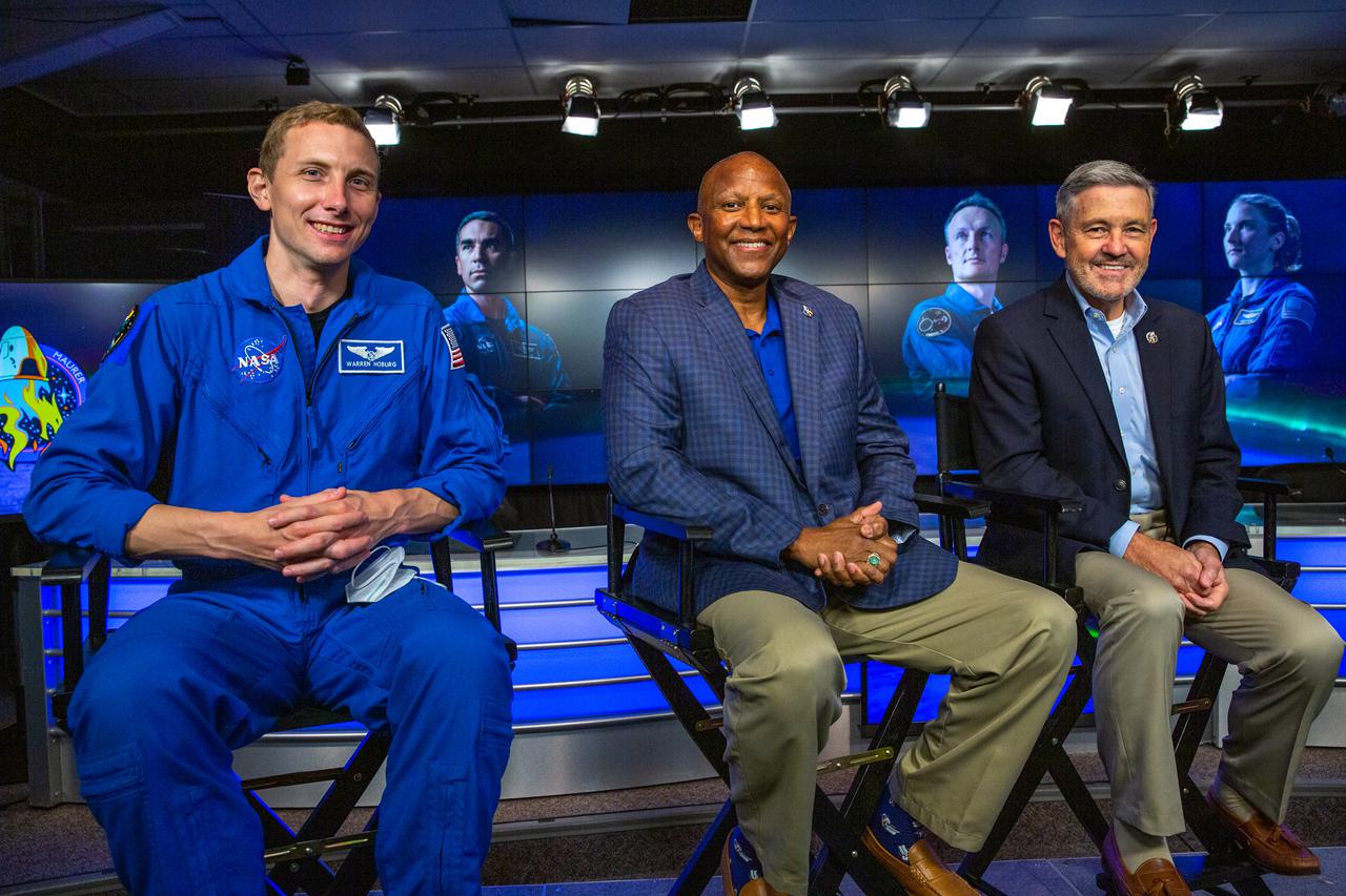 Representatives from NASA participate in a NASA Social Live event at the agency’s Kennedy Space Center in Florida on Oct. 29, in advance of NASA’s SpaceX Crew-3 mission to the International Space Station as part of NASA’s Commercial Crew Program. Participants are, from left, NASA astronaut Woody Hoburg, Kennedy Deputy Director Kelvin Manning, and NASA Associate Administrator Bob Cabana. Launch is currently targeted for 2:21 a.m. EDT Sunday, Oct. 31. The SpaceX Dragon spacecraft, named Endurance by the Crew-3 astronauts, will launch on a Falcon 9 rocket from Launch Complex 39A at Kennedy Space Center. The Crew-3 flight will carry NASA astronauts Raja Chari, mission commander, Tom Marshburn, pilot, and Kayla Barron, mission specialist and ESA (European Space Agency) astronaut Matthias Maurer, also a mission specialist, to the space station for a six-month science mission.