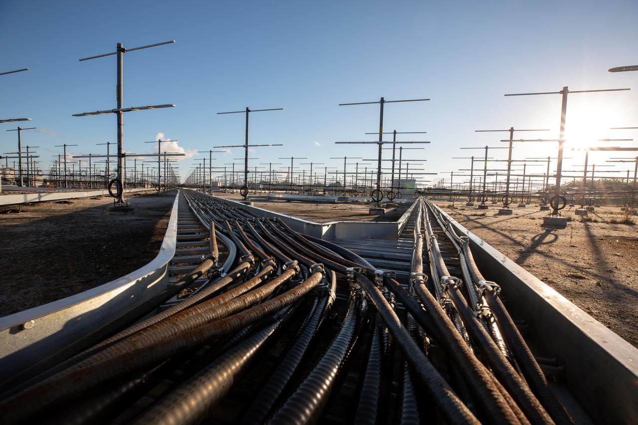 The Tropospheric Doppler Radar Wind Profiler, located on five acres near the Launch and Landing Facility at Kennedy Space Center in Florida, is shown during an Artemis I weather simulation on Nov. 3, 2021. The simulation involved teams from Kennedy, Cape Canaveral Space Force Station, Johnson Space Center in Texas, and Marshall Space Flight Center in Alabama. The radar wind profiler consists of 640 antennae and delivers data – from 6,000 to 62,000 feet – every five minutes. The instrument will be used as the primary upper level wind instrument for NASA’s Artemis missions, including Artemis I, the first launch of the agency’s Space Launch System rocket and the Orion spacecraft on a flight beyond the Moon.