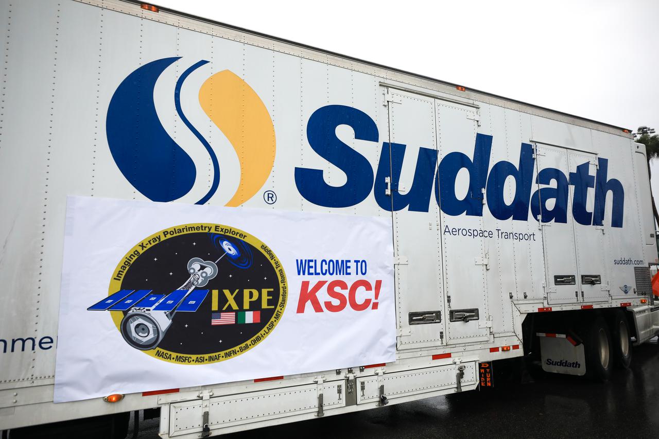 NASA’s Imaging X-Ray Polarimetry Explorer (IXPE) spacecraft – the agency’s first mission dedicated to measuring X-ray polarization – arrives at the Cape Canaveral Space Force Station in Florida on Nov. 5, 2021. IXPE is scheduled to launch aboard a SpaceX Falcon 9 vehicle from Kennedy’s Launch Complex 39A on Dec. 9, 2021. The launch is managed by NASA’s Launch Services Program, based at Kennedy. IXPE will study the polarization of X-rays coming to us from some of the universe’s most extreme sources, including black holes and dead stars known as pulsars.