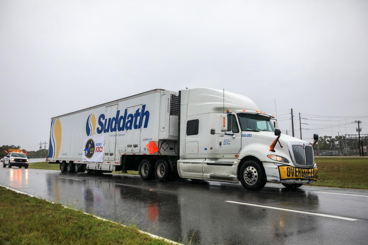 NASA’s Imaging X-Ray Polarimetry Explorer (IXPE) spacecraft – the agency’s first mission dedicated to measuring X-ray polarization – arrives at the Cape Canaveral Space Force Station in Florida on Nov. 5, 2021. IXPE is scheduled to launch aboard a SpaceX Falcon 9 vehicle from Kennedy’s Launch Complex 39A on Dec. 9, 2021. The launch is managed by NASA’s Launch Services Program, based at Kennedy. IXPE will study the polarization of X-rays coming to us from some of the universe’s most extreme sources, including black holes and dead stars known as pulsars.