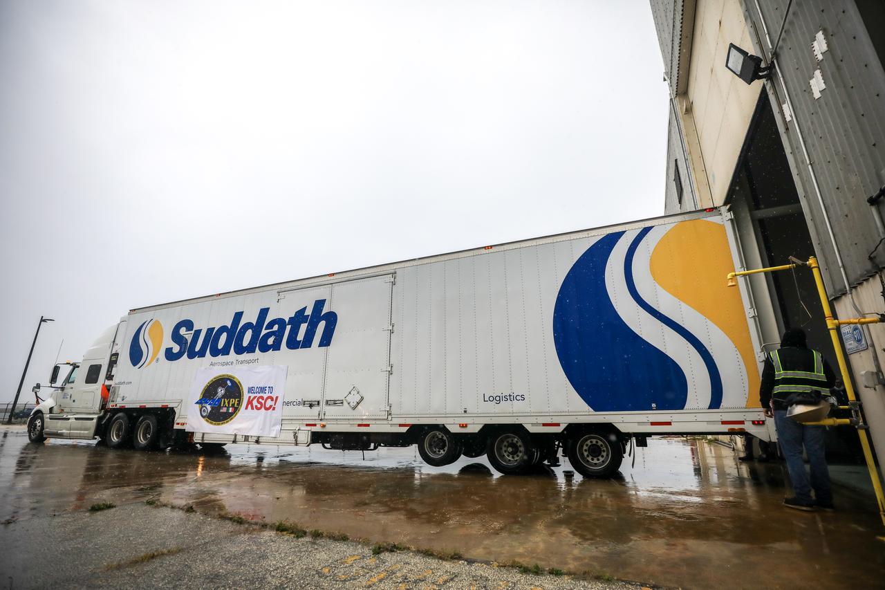 NASA’s Imaging X-Ray Polarimetry Explorer (IXPE) spacecraft – the agency’s first mission dedicated to measuring X-ray polarization – arrives at the Cape Canaveral Space Force Station in Florida on Nov. 5, 2021. IXPE is scheduled to launch aboard a SpaceX Falcon 9 vehicle from Kennedy’s Launch Complex 39A on Dec. 9, 2021. The launch is managed by NASA’s Launch Services Program, based at Kennedy. IXPE will study the polarization of X-rays coming to us from some of the universe’s most extreme sources, including black holes and dead stars known as pulsars.