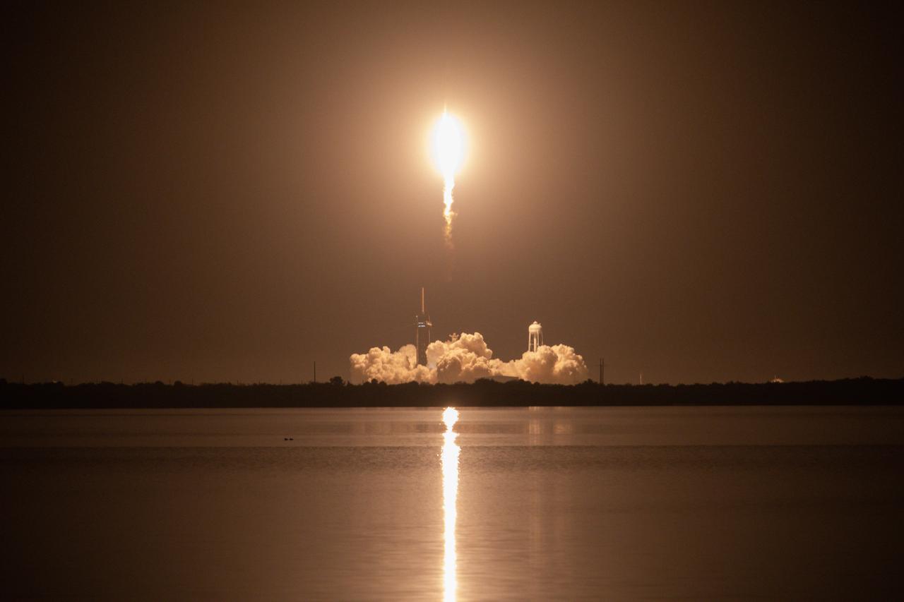 The SpaceX Falcon 9 rocket, with the Crew Dragon atop, soars upward after liftoff from Launch Pad 39A at NASA’s Kennedy Space Center in Florida on Nov. 10, 2021. Aboard the Crew Dragon are the SpaceX Crew-3 astronauts Raja Chari, commander; Tom Marshburn, pilot; and Kayla Barron, mission specialist; along with Matthias Maurer, ESA (European Space Agency) astronaut and mission specialist. Launch time was at 9:03 p.m. EST. The Crew Dragon Endurance will carry the four-person crew to the International Space Station for the agency’s Commercial Crew Program.