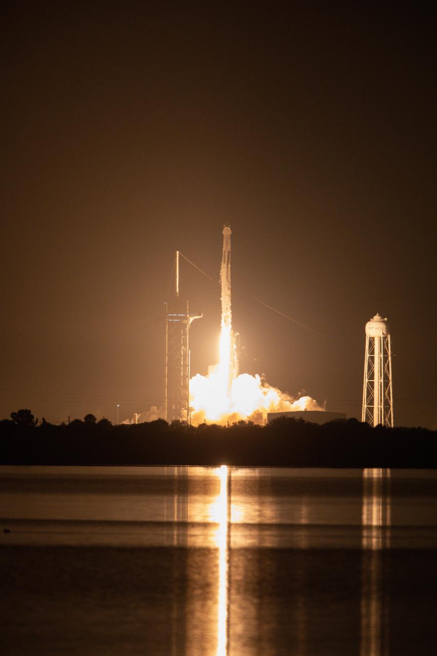 The SpaceX Falcon 9 rocket, with the Crew Dragon atop, soars upward after liftoff from Launch Pad 39A at NASA’s Kennedy Space Center in Florida on Nov. 10, 2021. Aboard the Crew Dragon are the SpaceX Crew-3 astronauts Raja Chari, commander; Tom Marshburn, pilot; and Kayla Barron, mission specialist; along with Matthias Maurer, ESA (European Space Agency) astronaut and mission specialist. Launch time was at 9:03 p.m. EST. The Crew Dragon Endurance will carry the four-person crew to the International Space Station for the agency’s Commercial Crew Program.