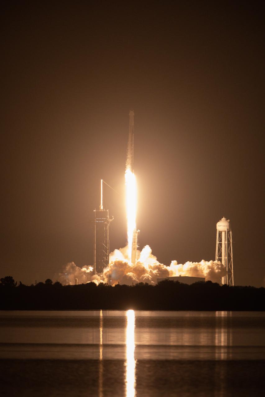 The SpaceX Falcon 9 rocket, with the Crew Dragon atop, soars upward after liftoff from Launch Pad 39A at NASA’s Kennedy Space Center in Florida on Nov. 10, 2021. Aboard the Crew Dragon are the SpaceX Crew-3 astronauts Raja Chari, commander; Tom Marshburn, pilot; and Kayla Barron, mission specialist; along with Matthias Maurer, ESA (European Space Agency) astronaut and mission specialist. Launch time was at 9:03 p.m. EST. The Crew Dragon Endurance will carry the four-person crew to the International Space Station for the agency’s Commercial Crew Program.