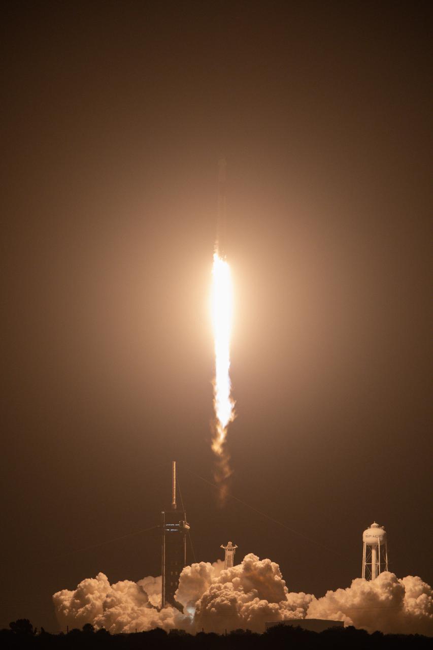 The SpaceX Falcon 9 rocket, with the Crew Dragon atop, soars upward after liftoff from Launch Pad 39A at NASA’s Kennedy Space Center in Florida on Nov. 10, 2021. Aboard the Crew Dragon are the SpaceX Crew-3 astronauts Raja Chari, commander; Tom Marshburn, pilot; and Kayla Barron, mission specialist; along with Matthias Maurer, ESA (European Space Agency) astronaut and mission specialist. Launch time was at 9:03 p.m. EST. The Crew Dragon Endurance will carry the four-person crew to the International Space Station for the agency’s Commercial Crew Program.