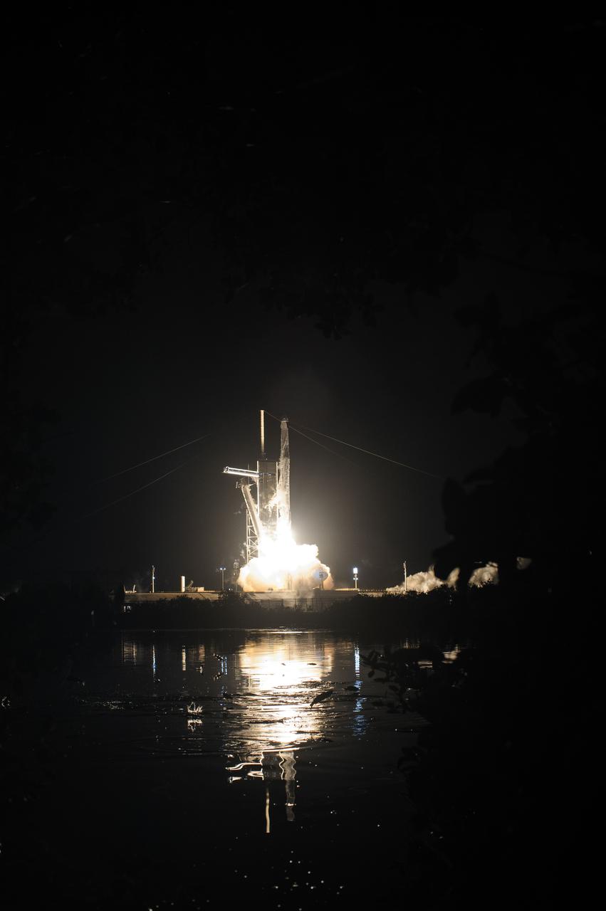 The SpaceX Falcon 9 rocket with the Crew Dragon lifts off from Launch Pad 39A at NASA’s Kennedy Space Center in Florida on Nov. 10, 2021. Aboard the Crew Dragon are the SpaceX Crew-3 astronauts Raja Chari, commander; Tom Marshburn, pilot; and Kayla Barron, mission specialist; along with Matthias Maurer, ESA (European Space Agency) astronaut and mission specialist. Launch time was at 9:03 p.m. EST. The Crew Dragon Endurance will carry the four-person crew to the International Space Station for the agency’s Commercial Crew Program.