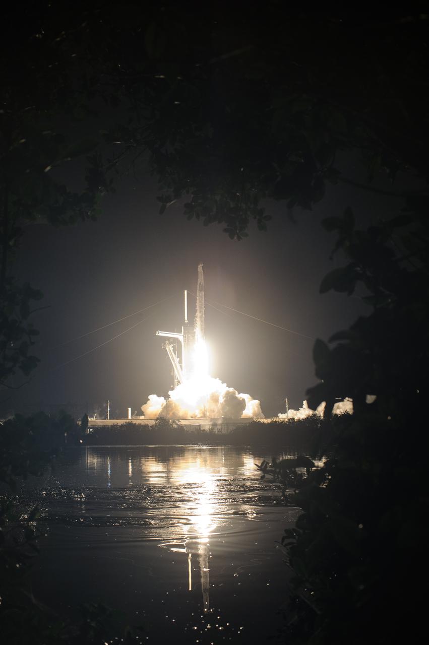 The SpaceX Falcon 9 rocket with the Crew Dragon lifts off from Launch Pad 39A at NASA’s Kennedy Space Center in Florida on Nov. 10, 2021. Aboard the Crew Dragon are the SpaceX Crew-3 astronauts Raja Chari, commander; Tom Marshburn, pilot; and Kayla Barron, mission specialist; along with Matthias Maurer, ESA (European Space Agency) astronaut and mission specialist. Launch time was at 9:03 p.m. EST. The Crew Dragon Endurance will carry the four-person crew to the International Space Station for the agency’s Commercial Crew Program.