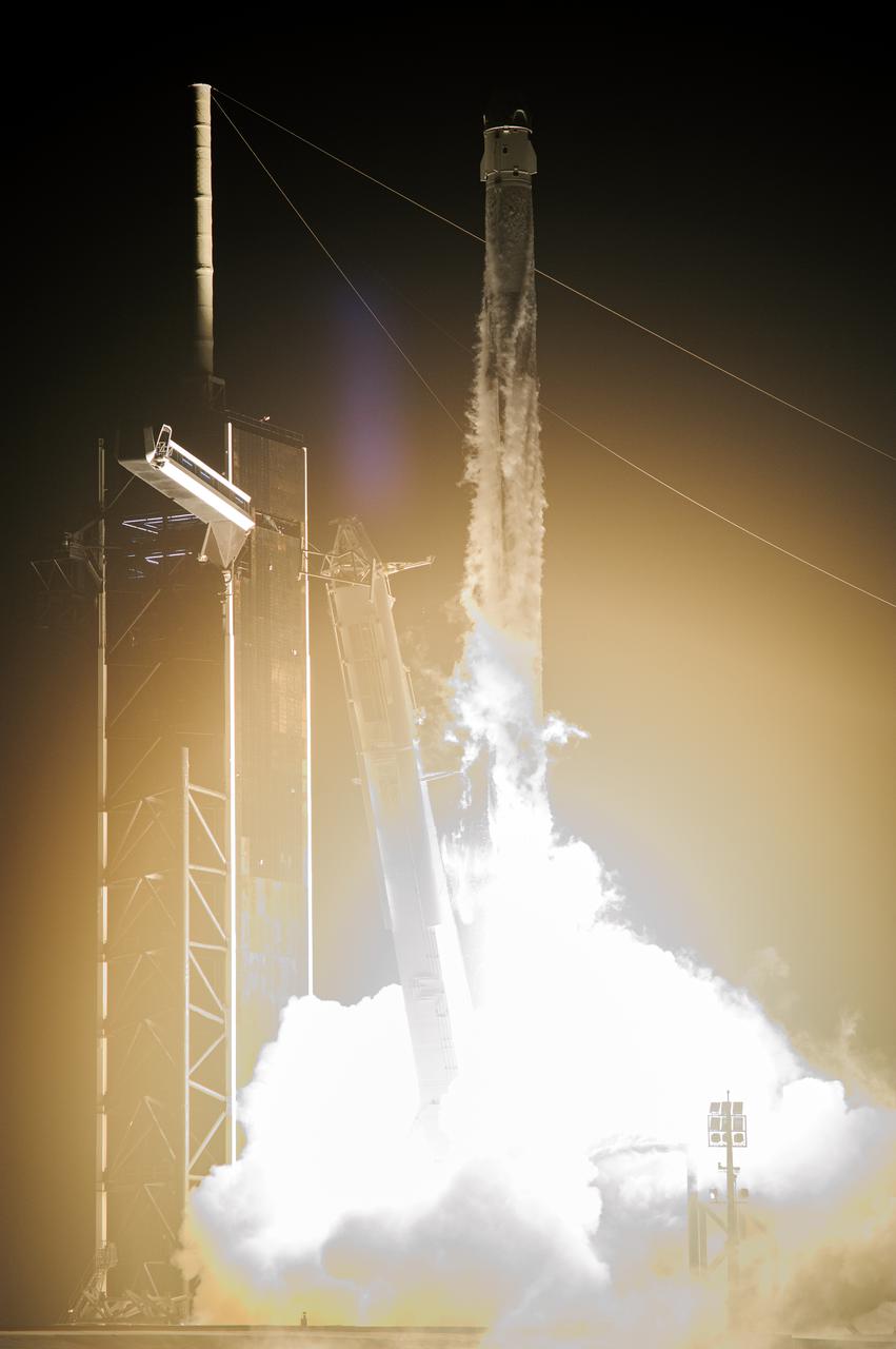 The SpaceX Falcon 9 rocket, with the Crew Dragon atop, soars upward after liftoff from Launch Pad 39A at NASA’s Kennedy Space Center in Florida on Nov. 10, 2021. Aboard the Crew Dragon are the SpaceX Crew-3 astronauts Raja Chari, commander; Tom Marshburn, pilot; and Kayla Barron, mission specialist; along with Matthias Maurer, ESA (European Space Agency) astronaut and mission specialist. Launch time was at 9:03 p.m. EST. The Crew Dragon Endurance will carry the four-person crew to the International Space Station for the agency’s Commercial Crew Program.