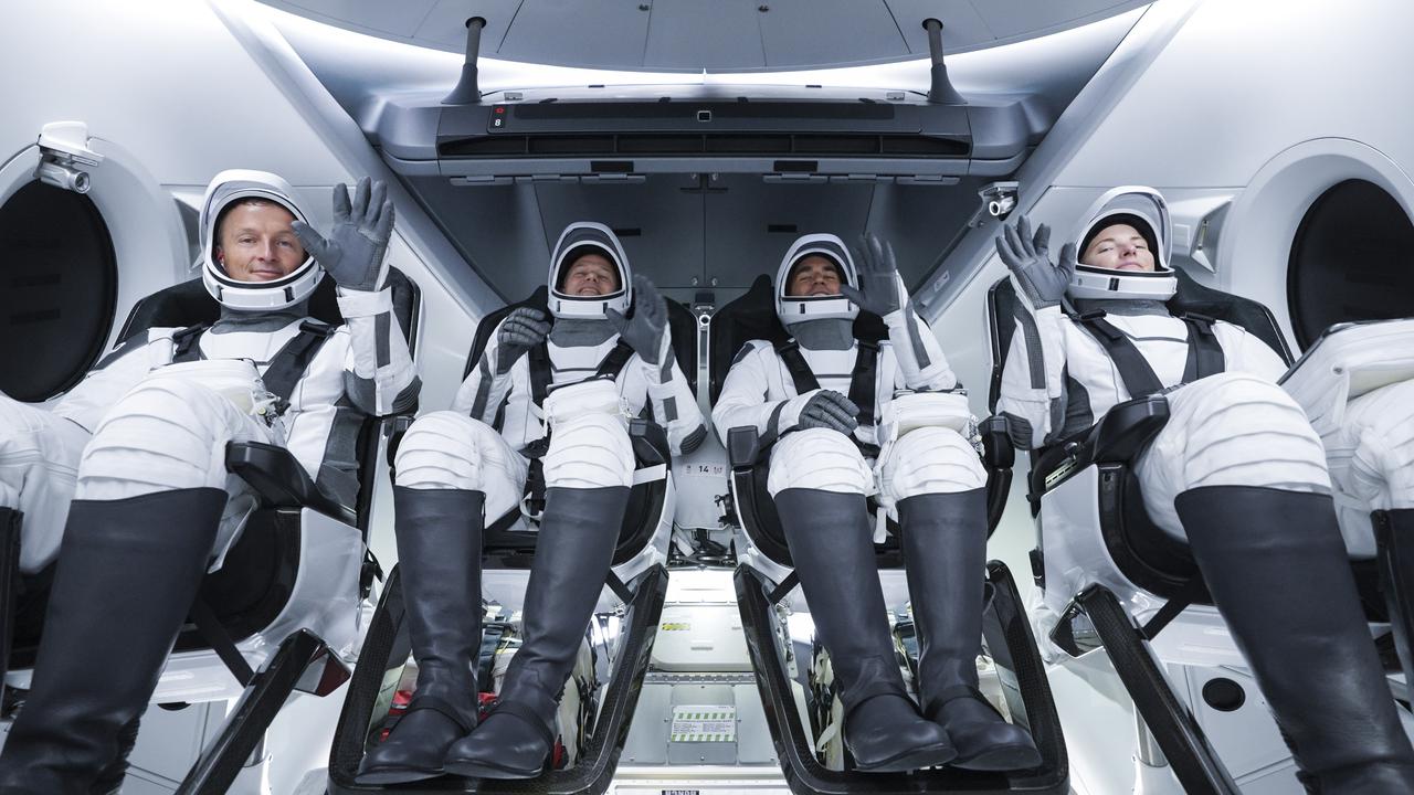 The SpaceX Crew-3 astronauts are secured in their seats inside the Crew Dragon at Launch Complex 39A at NASA’s Kennedy Space Center in Florida on Nov. 10, 2021. In view from left are: Matthias Maurer, ESA (European Space Agency) astronaut and mission specialist; and NASA astronauts Tom Marshburn, pilot; Raja Chari, commander; and Kayla Barron, mission specialist; along with. The Falcon 9 rocket with Crew Dragon Endurance will launch the four-person crew to the International Space Station for the agency’s Commercial Crew Program. Crew-3 is scheduled to launch at 9:03 p.m. EST from historic Launch Pad 39A at Kennedy. 