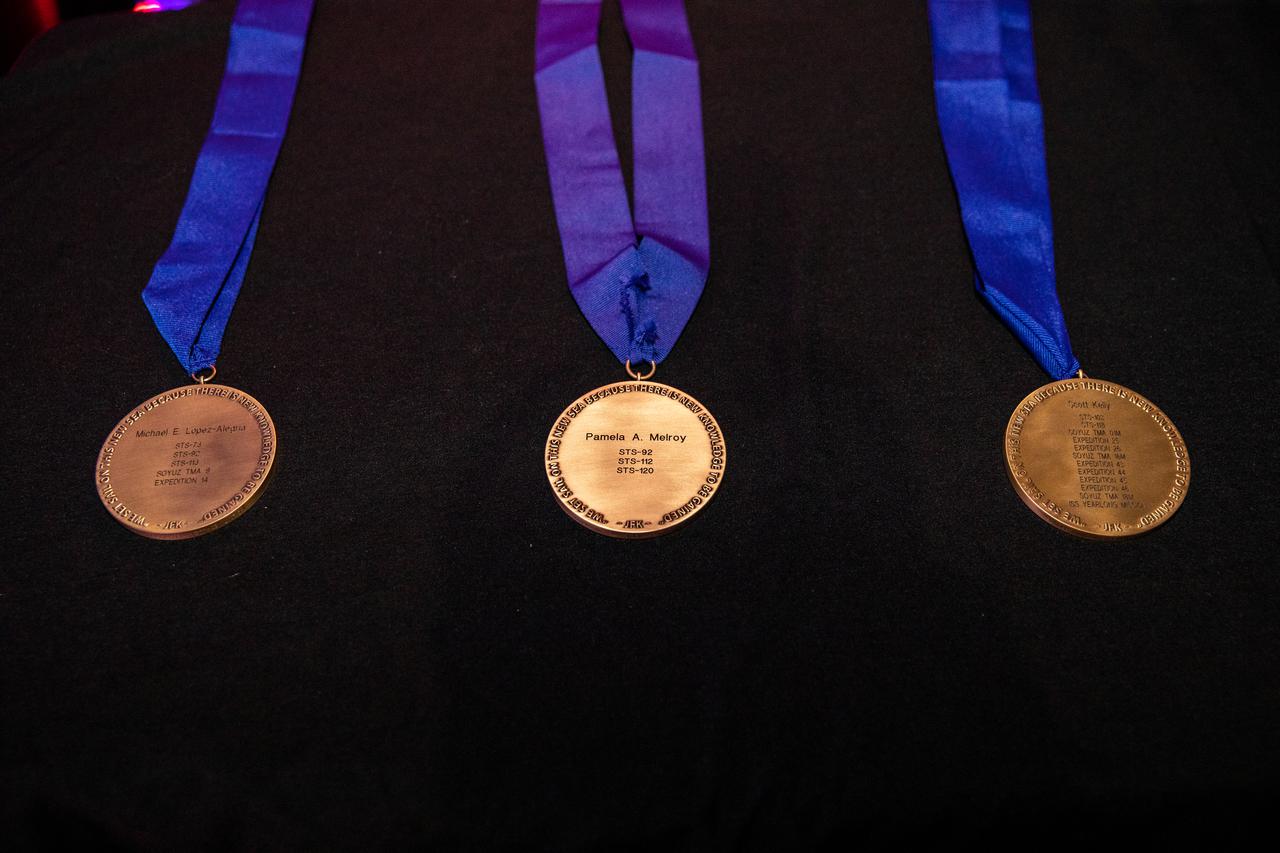 A photo of the three official Astronaut Hall of Fame (AHOF) medals presented to each member of the 19th class of inductees on Nov. 13, 2021, during a ceremony at the Kennedy Space Center Visitor Complex in Florida. The 2021 inductees were selected by a committee of Hall of Fame astronauts, former NASA officials, flight directors, historians, and journalists. This year’s induction brings the total number of AHOF members to 102.