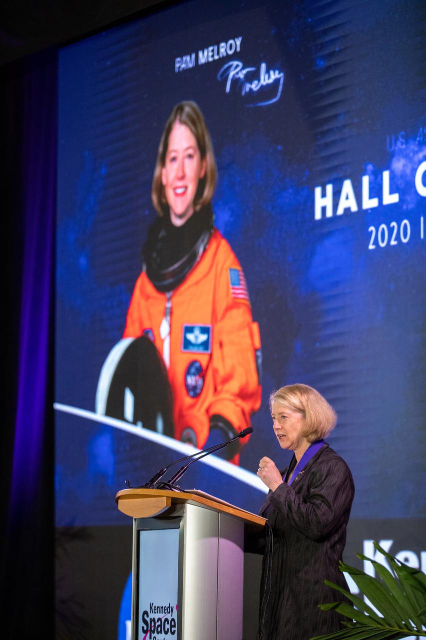 NASA Deputy Administrator Pamela Melroy is one of three former astronauts inducted into the U.S. Astronaut Hall of Fame (AHOF) on Nov. 13, 2021, during a ceremony at the Kennedy Space Center Visitor Complex in Florida. Melroy received an official medal and became a member of the 19th class of space shuttle astronauts to be inducted. Former NASA astronaut and Hall of Famer Curt Brown, board chairman of the Astronaut Scholarship Foundation, inducted Melroy. The 2021 inductees were selected by a committee of Hall of Fame astronauts, former NASA officials, flight directors, historians, and journalists. This year’s induction brings the total number of AHOF members to 102.