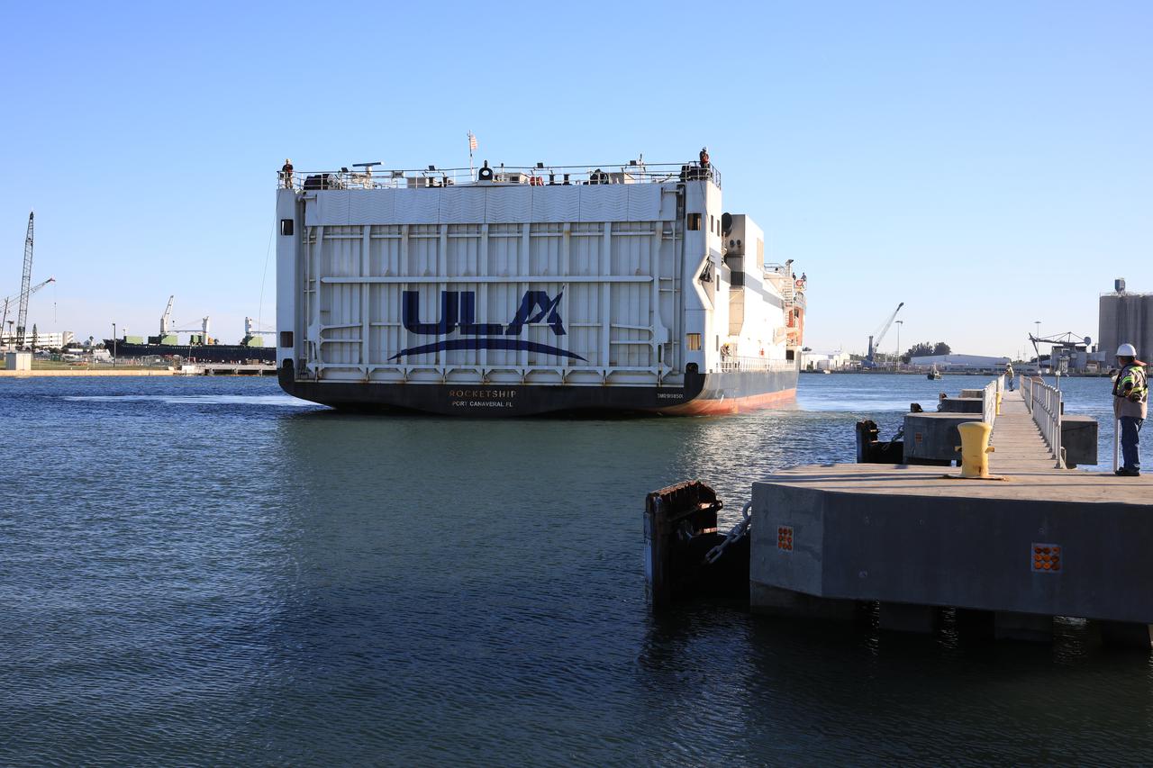A United Launch Alliance (ULA) transport boat carrying the first and second stages of the company’s Atlas V 541 rocket arrives at Cape Canaveral Space Force Station (CCSFS) in Florida on Nov. 15, 2021. The ship journeyed from ULA’s manufacturing plant in Decatur, Alabama, to deliver the rocket that will launch NASA and the National Oceanic Atmospheric Administration’s (NOAA) Geostationary Operational Environmental Satellite T (GOES-T). GOES-T is the third satellite in the GOES-R series that will continue to help meteorologists observe and predict local weather events that affect public safety. GOES-T is scheduled to launch from Space Launch Complex 41 at CCSFS on March 1, 2022. The launch is being managed by NASA’s Launch Services Program based at Kennedy Space Center, America’s multi-user spaceport.
