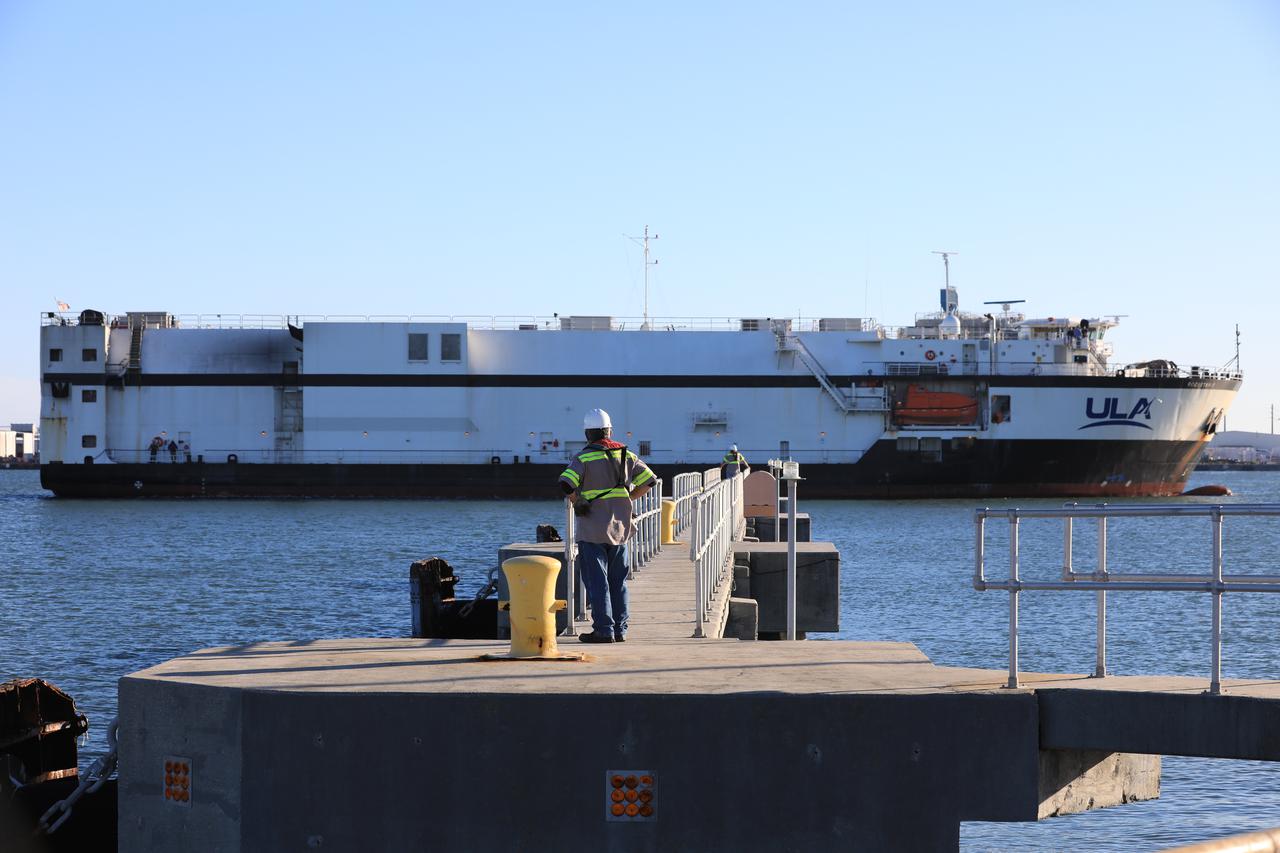 A United Launch Alliance (ULA) transport boat carrying the first and second stages of the company’s Atlas V 541 rocket arrives at Cape Canaveral Space Force Station (CCSFS) in Florida on Nov. 15, 2021. The ship journeyed from ULA’s manufacturing plant in Decatur, Alabama, to deliver the rocket that will launch NASA and the National Oceanic Atmospheric Administration’s (NOAA) Geostationary Operational Environmental Satellite T (GOES-T). GOES-T is the third satellite in the GOES-R series that will continue to help meteorologists observe and predict local weather events that affect public safety. GOES-T is scheduled to launch from Space Launch Complex 41 at CCSFS on March 1, 2022. The launch is being managed by NASA’s Launch Services Program based at Kennedy Space Center, America’s multi-user spaceport.