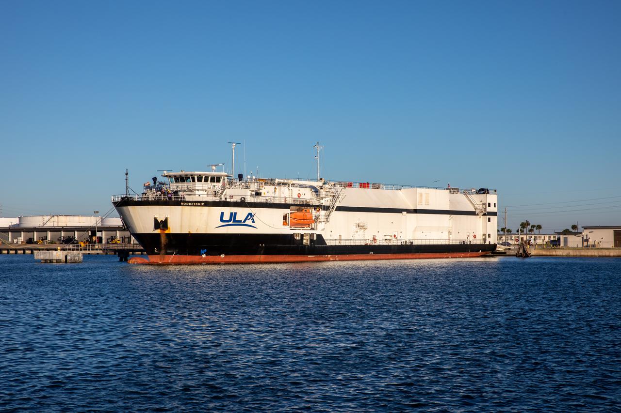A United Launch Alliance (ULA) transport boat carrying the first and second stages of the company’s Atlas V 541 rocket arrives at Cape Canaveral Space Force Station (CCSFS) in Florida on Nov. 16, 2021. The ship journeyed from ULA’s manufacturing plant in Decatur, Alabama, to deliver the rocket that will launch NASA and the National Oceanic Atmospheric Administration’s (NOAA) Geostationary Operational Environmental Satellite T (GOES-T). GOES-T is the third satellite in the GOES-R series that will continue to help meteorologists observe and predict local weather events that affect public safety. GOES-T is scheduled to launch from Space Launch Complex 41 at CCSFS on March 1, 2022. The launch is being managed by NASA’s Launch Services Program based at Kennedy Space Center, America’s multi-user spaceport.