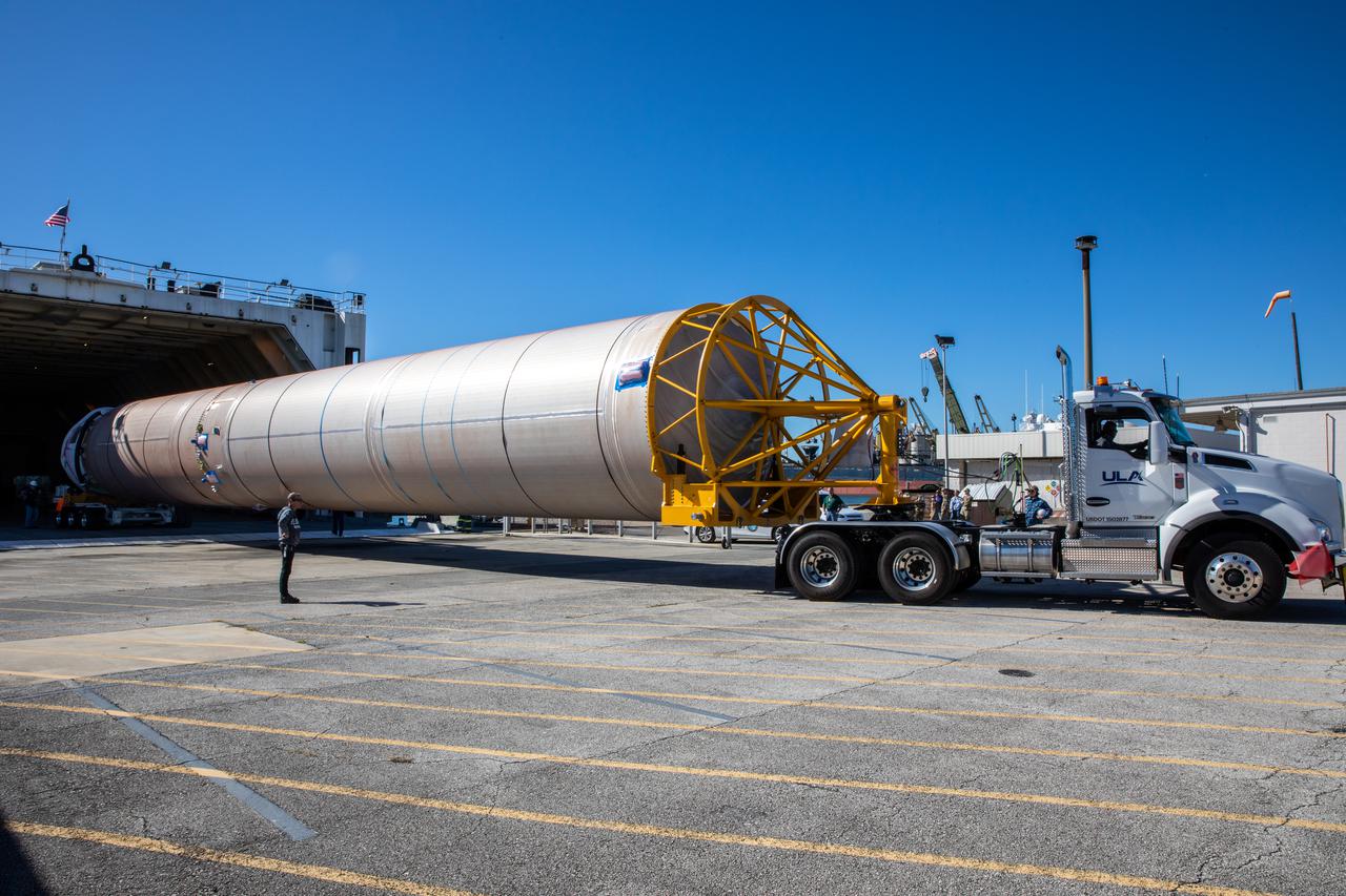 United Launch Alliance’s (ULA) first stage of the Atlas V 541 rocket is offloaded from the company’s transport boat at Cape Canaveral Space Force Station (CCSFS) in Florida on Nov. 16, 2021. The ship journeyed from ULA’s manufacturing plant in Decatur, Alabama, to deliver the rocket that will launch NASA and the National Oceanic Atmospheric Administration’s (NOAA) Geostationary Operational Environmental Satellite T (GOES-T). GOES-T is the third satellite in the GOES-R series that will continue to help meteorologists observe and predict local weather events that affect public safety. GOES-T is scheduled to launch from Space Launch Complex 41 at CCSFS on March 1, 2022. The launch is being managed by NASA’s Launch Services Program based at Kennedy Space Center, America’s multi-user spaceport.