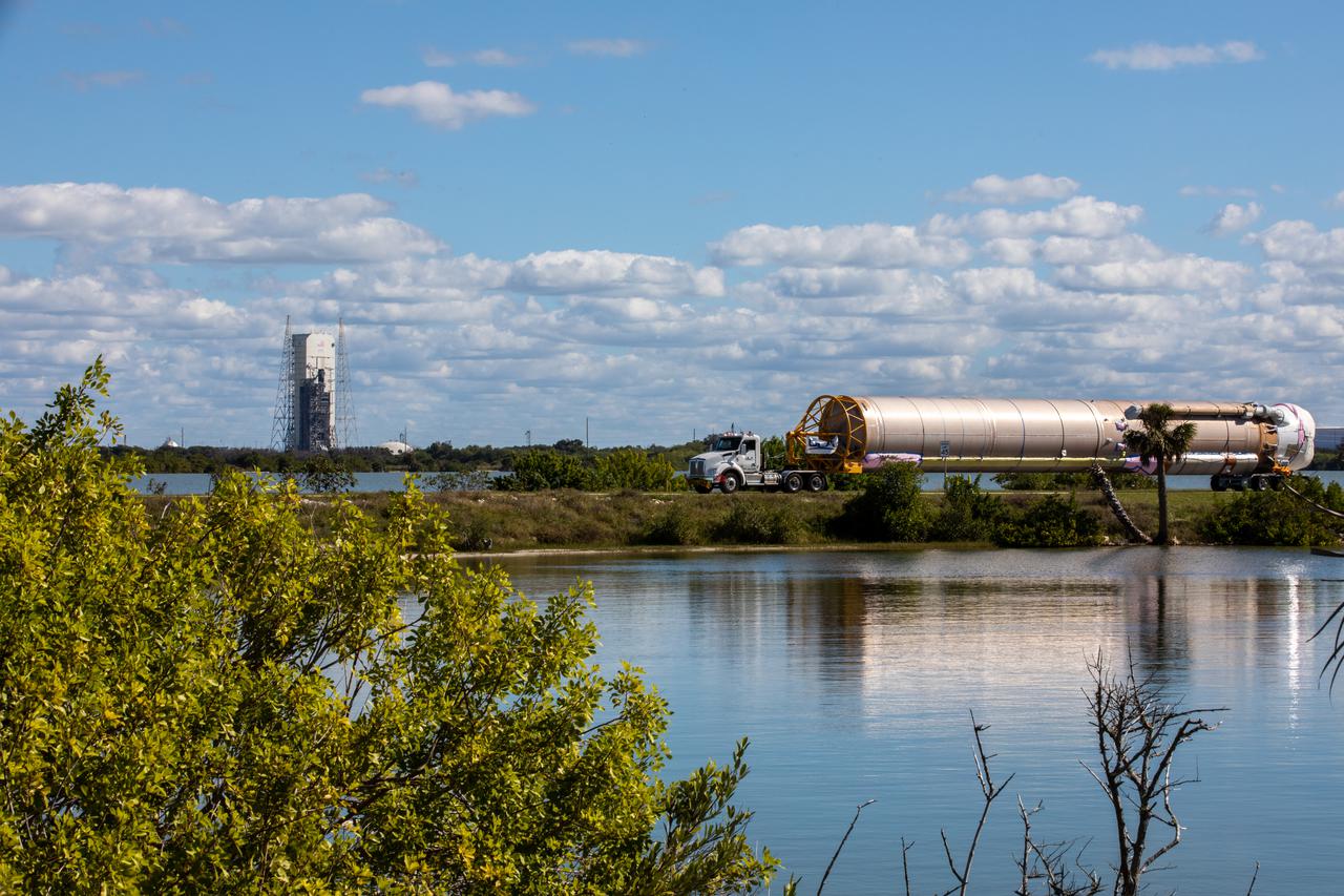 The United Launch Alliance (ULA) first stage of the Atlas V 541 rocket is transported to the horizontal processing facility at Space Launch Complex 41 at Cape Canaveral Space Force Station (CCSFS) in Florida on Nov. 16, 2021, after arriving on the company’s transport boat. The ship journeyed from ULA’s manufacturing plant in Decatur, Alabama, to deliver the rocket that will launch NASA and the National Oceanic Atmospheric Administration’s (NOAA) Geostationary Operational Environmental Satellite T (GOES-T). GOES-T is the third satellite in the GOES-R series that will continue to help meteorologists observe and predict local weather events that affect public safety. GOES-T is scheduled to launch from Space Launch Complex 41 at CCSFS on March 1, 2022. The launch is being managed by NASA’s Launch Services Program based at Kennedy Space Center, America’s multi-user spaceport.