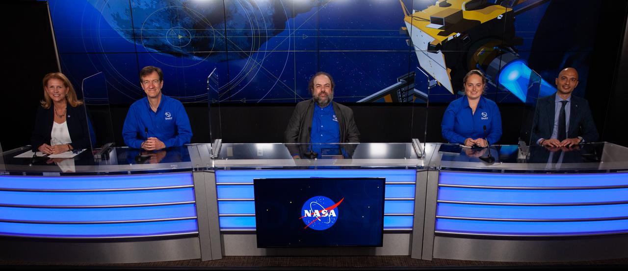 From left, Lori Glaze, Tom Statler, Andy Rivkin, Betsy Congdon, and Simone Pirrotte participate in an engineering briefing for the agency’s Double Asteroid Redirection Test (DART) mission at Vandenberg Space Force Base in California on Nov. 21, 2021. DART is the first mission to test technologies for preventing an impact of Earth by a hazardous asteroid. The mission is scheduled to launch no earlier than 1:21 a.m. EST Wednesday, Nov. 24 (10:21 p.m. PST Tuesday, Nov. 23), aboard a SpaceX Falcon 9 rocket from Vandenberg. NASA's Launch Services Program based at Kennedy Space Center in Florida, America's multi-user spaceport, is managing the launch.