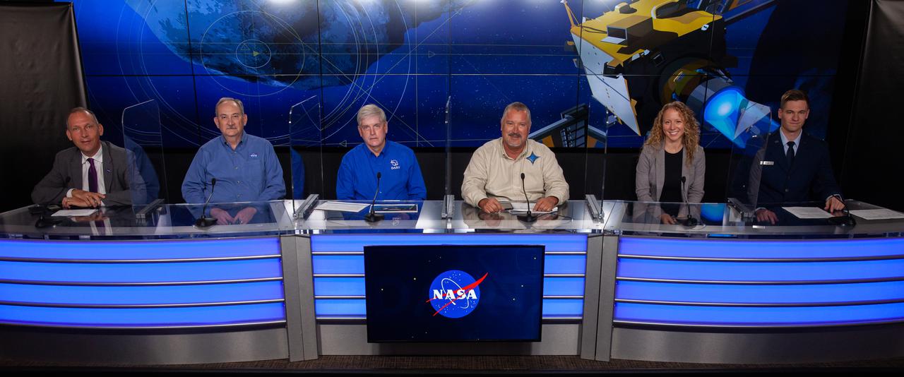 From left, Dr Thomas Zurbuchen, Lindley Johnson, Ed Reynolds, Omar Baez, Julianna Scheiman, and Capt. Maximillian Rush participate in a prelaunch news conference on Nov. 22, 2021, at Vandenberg Space Force Base in California in preparation for the agency’s Double Asteroid Redirection Test (DART) launch. DART is the first mission to test technologies for preventing an impact of Earth by a hazardous asteroid. The mission is scheduled to launch no earlier than 1:21 a.m. EST Wednesday, Nov. 24 (10:21 p.m. PST Tuesday, Nov. 23), aboard a SpaceX Falcon 9 rocket from Vandenberg. NASA's Launch Services Program based at Kennedy Space Center in Florida, America's multi-user spaceport, is managing the launch.