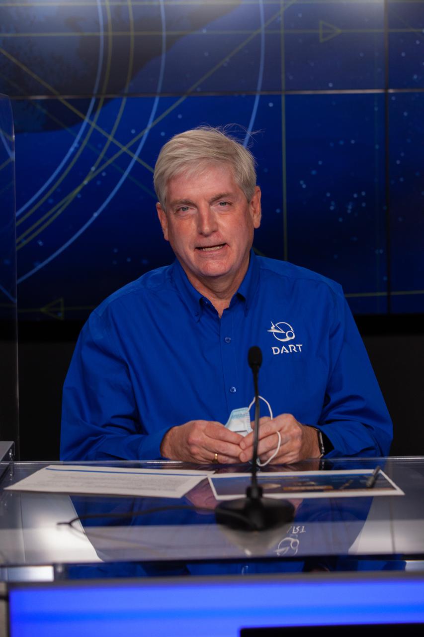 Ed Reynolds, Double Asteroid Redirection Test (DART) project manager for Johns Hopkins Applied Physics Laboratory, participates in a prelaunch news conference for NASA’s DART mission at Vandenberg Space Force Base in California on Nov. 22, 2021. DART is the first mission to test technologies for preventing an impact of Earth by a hazardous asteroid. The mission is scheduled to launch no earlier than 1:21 a.m. EST Wednesday, Nov. 24 (10:21 p.m. PST Tuesday, Nov. 23), aboard a SpaceX Falcon 9 rocket from Vandenberg. NASA's Launch Services Program based at Kennedy Space Center in Florida, America's multi-user spaceport, is managing the launch.