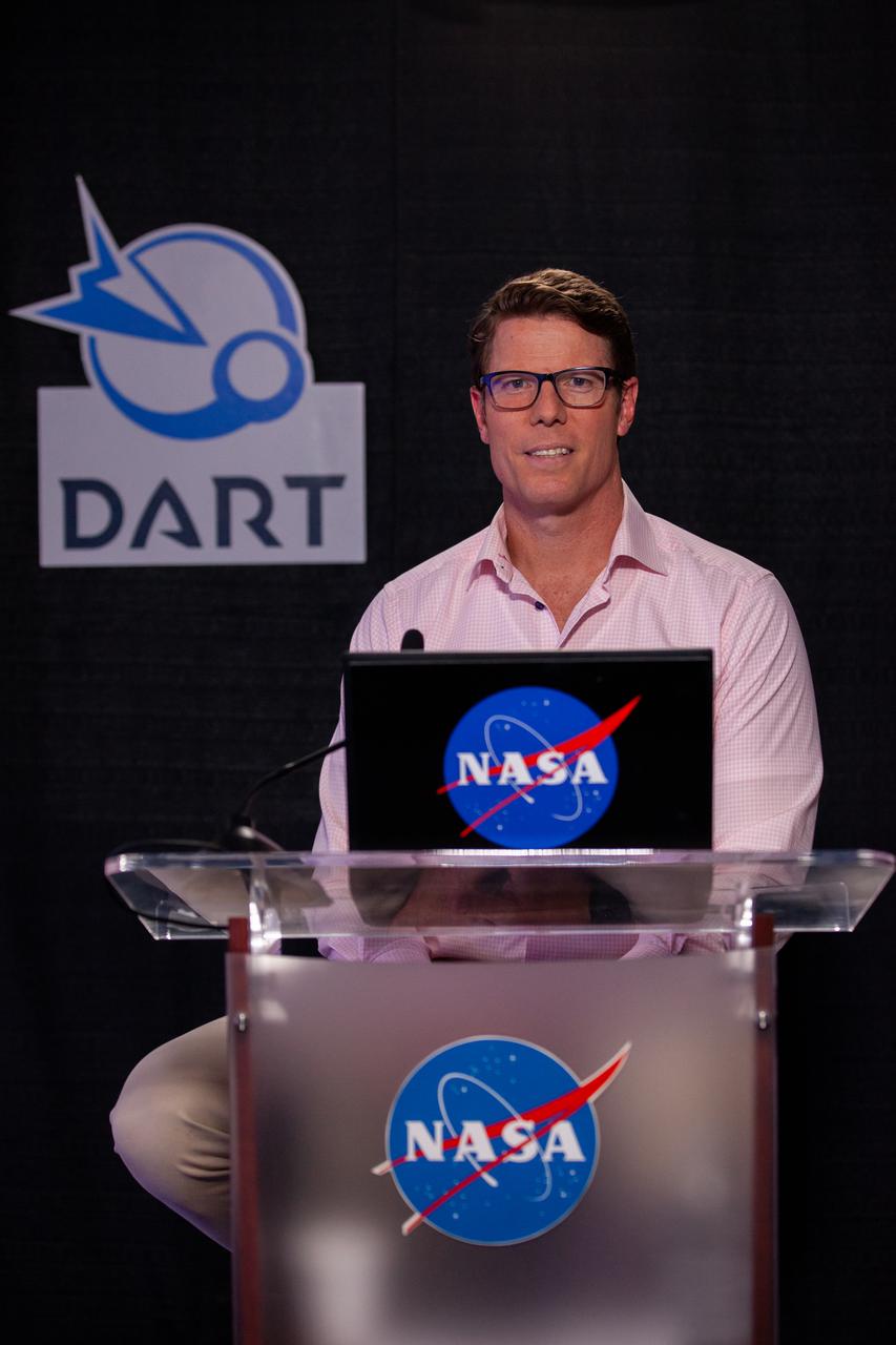 Derrol Nail, NASA Communications, moderates a prelaunch news conference for the agency’s Double Asteroid Redirection Test (DART) mission at Vandenberg Space Force Base in California on Nov. 22, 2021. DART is the first mission to test technologies for preventing an impact of Earth by a hazardous asteroid. The mission is scheduled to launch no earlier than 1:21 a.m. EST Wednesday, Nov. 24 (10:21 p.m. PST Tuesday, Nov. 23), aboard a SpaceX Falcon 9 rocket from Vandenberg. NASA's Launch Services Program based at Kennedy Space Center in Florida, America's multi-user spaceport, is managing the launch.