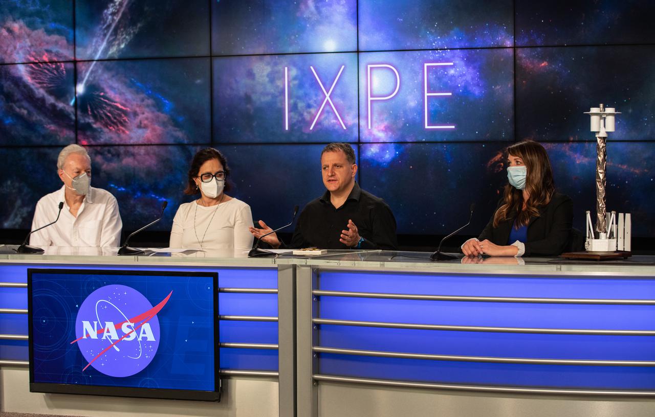 A payload briefing for NASA’s Imaging X-ray Polarimetry Explorer (IXPE) spacecraft is held on Dec.7, 2021 at NASA’s Kennedy Space Center in Florida. Participants from left are Brian Ramsey, deputy principal investigator, NASA’s Marshall Space Flight Center; Elisabetta Cavazzuti, ASI IXPE program manager, Italian Space Agency; Luca Baldini, Italian co-principal investigator, NASA’s Marshall Space Flight Center; and MacKenzie Ferrie, IXPE program manager, Ball Aerospace. IXPE is scheduled to launch no earlier than 1 a.m. EST Thursday, Dec. 9, on a SpaceX Falcon 9 rocket from Kennedy’s Launch Complex 39A. NASA’s Launch Services Program is managing this launch. NASA’s Marshall Space Flight Center in Huntsville, Alabama, manages the IXPE mission. Ball Aerospace, headquartered in Broomfield, Colorado, manages spacecraft operations with support from the University of Colorado at Boulder. NASA’s Goddard Space Flight Center in Greenbelt, Maryland, manages the Explorers Program for the agency’s Science Mission Directorate in Washington. The U.S. Space Force’s Space Launch Delta 45 provides range support for this launch. SpaceX is providing the launch vehicle for this mission. 