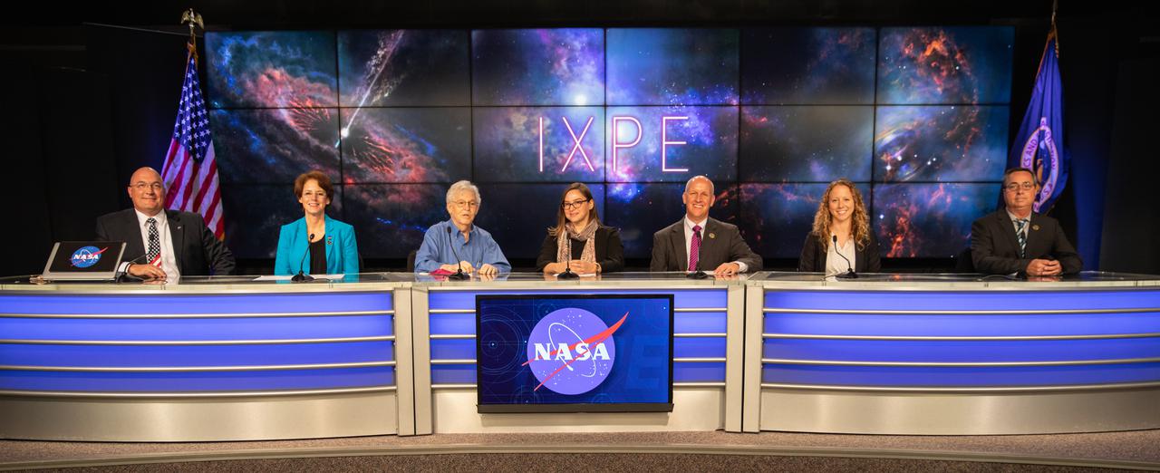 A prelaunch news conference for NASA’s Imaging X-ray Polarimetry Explorer (IXPE) spacecraft is held on Dec. 7, 2021 at NASA’s Kennedy Space Center in Florida. Participants from left are Greg Harland, moderator, NASA communications; Martin Weisskopf, IXPE principal investigator, NASA’s Marshall Space Flight Center; Makenzie Lystrup, vice president and general manager, civil space, Ball Aerospace; Tim Dunn, launch director, NASA’s Launch Services Program; Julianna Scheiman, director, civil satellite missions, SpaceX; Julianna Scheiman, director, civil satellite missions, SpaceX; and Mike McAleenan, 45th Weather Squadron, Space Launch Delta 45. IXPE is scheduled to launch no earlier than 1 a.m. EST Thursday, Dec. 9, on a SpaceX Falcon 9 rocket from Kennedy’s Launch Complex 39A. NASA’s Launch Services Program is managing this launch. NASA’s Marshall Space Flight Center in Huntsville, Alabama, manages the IXPE mission. Ball Aerospace, headquartered in Broomfield, Colorado, manages spacecraft operations with support from the University of Colorado at Boulder. NASA’s Goddard Space Flight Center in Greenbelt, Maryland, manages the Explorers Program for the agency’s Science Mission Directorate in Washington. The U.S. Space Force’s Space Launch Delta 45 provides range support for this launch. SpaceX is providing the launch vehicle for this mission.