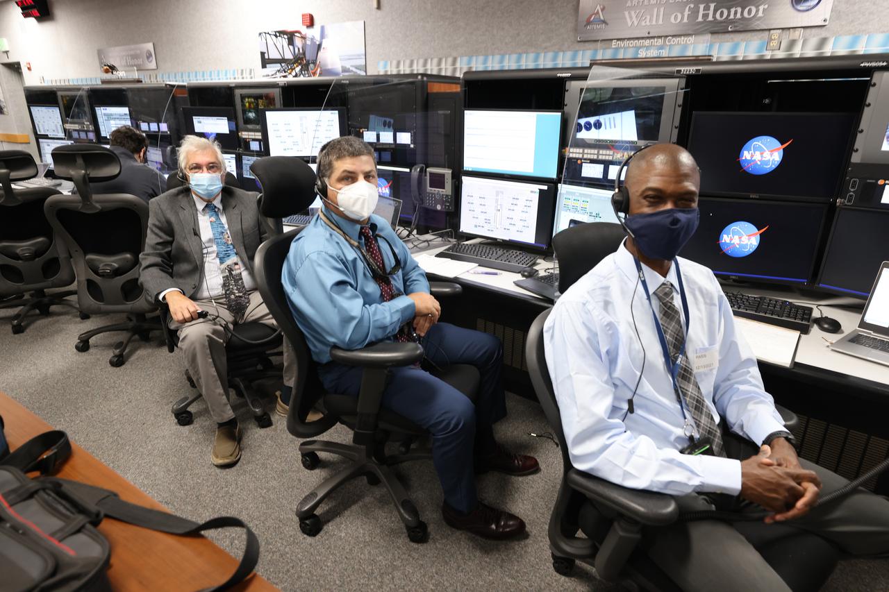 Launch team members are seated at the Environment Control System consoles inside Firing Room 1 of the Launch Control Center at NASA’s Kennedy Space Center in Florida on Dec. 13, 2021. They are participating in a joint integrated simulation for the Artemis I launch that covered both cryogenic loading and terminal countdown portions of prelaunch activities. Members of NASA’s mission management team and launch team conducted the simulation together. The Kennedy team was certified for the Artemis I launch. During Artemis I, the agency’s Orion spacecraft will lift off from Kennedy aboard NASA’s most powerful rocket – the Space Launch System – to fly farther than any spacecraft built for humans has ever flown. Through NASA’s Artemis missions, the agency, along with commercial and international partners, will establish a sustainable human presence on the Moon to prepare for missions to Mars.