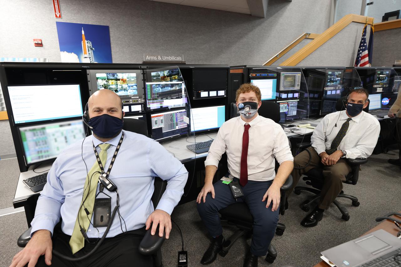 Launch team members are seated at the Arms and Umbilicals consoles inside Firing Room 1 of the Launch Control Center at NASA’s Kennedy Space Center in Florida on Dec. 13, 2021. They are participating in a joint integrated simulation for the Artemis I launch that covered both cryogenic loading and terminal countdown portions of prelaunch activities. Members of NASA’s mission management team and launch team conducted the simulation together. The Kennedy team was certified for the Artemis I launch. During Artemis I, the agency’s Orion spacecraft will lift off from Kennedy aboard NASA’s most powerful rocket – the Space Launch System – to fly farther than any spacecraft built for humans has ever flown. Through NASA’s Artemis missions, the agency, along with commercial and international partners, will establish a sustainable human presence on the Moon to prepare for missions to Mars.