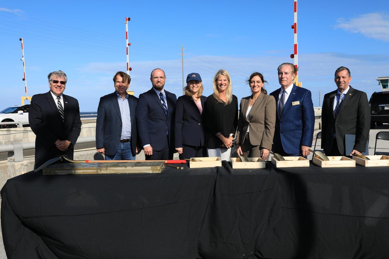 Center Director Janet Petro joins partners and elected officials for a groundbreaking ceremony on a new NASA Causeway bridge over the Indian River leading to NASA’s Kennedy Space Center on Merritt Island in Florida. The construction is made possible through a $90M Infrastructure for Rebuilding America (INFRA) grant, which was awarded thanks to an extensive effort by NASA, the State of Florida – through Florida Department of Transportation and Space Florida – as well as support from industry partners, other local, state, and federal government agencies. The new bridge enables Kennedy’s growth as a multi-user spaceport and will allow NASA to better support the space industry. Construction is scheduled to take several years. To commemorate the day, speakers left a handprint and signed their name in cement. 