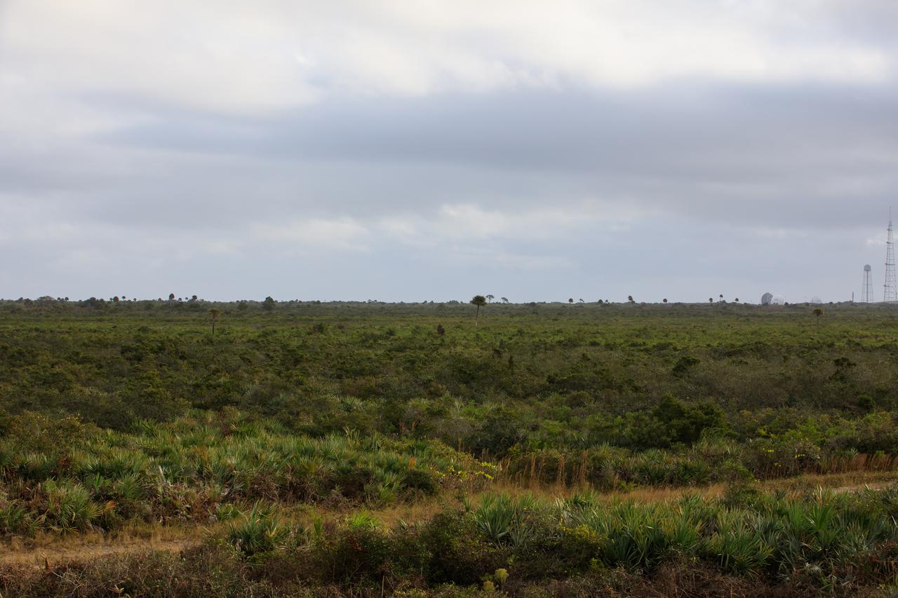 A view of a proposed new launch site, Launch Complex 49, on Dec. 20, 2021, at NASA’s Kennedy Space Center in Florida. In response to an inquiry from SpaceX, NASA is preparing to conduct environmental assessments to develop the proposed launch site. The 175-acre site, located north of Launch Complex 39B within the center’s security perimeter, would support the launch and landing of SpaceX’s Starship and Super Heavy launch vehicle. NASA and SpaceX are moving forward with the initial environmental assessment before concluding a potential agreement to develop the property. 