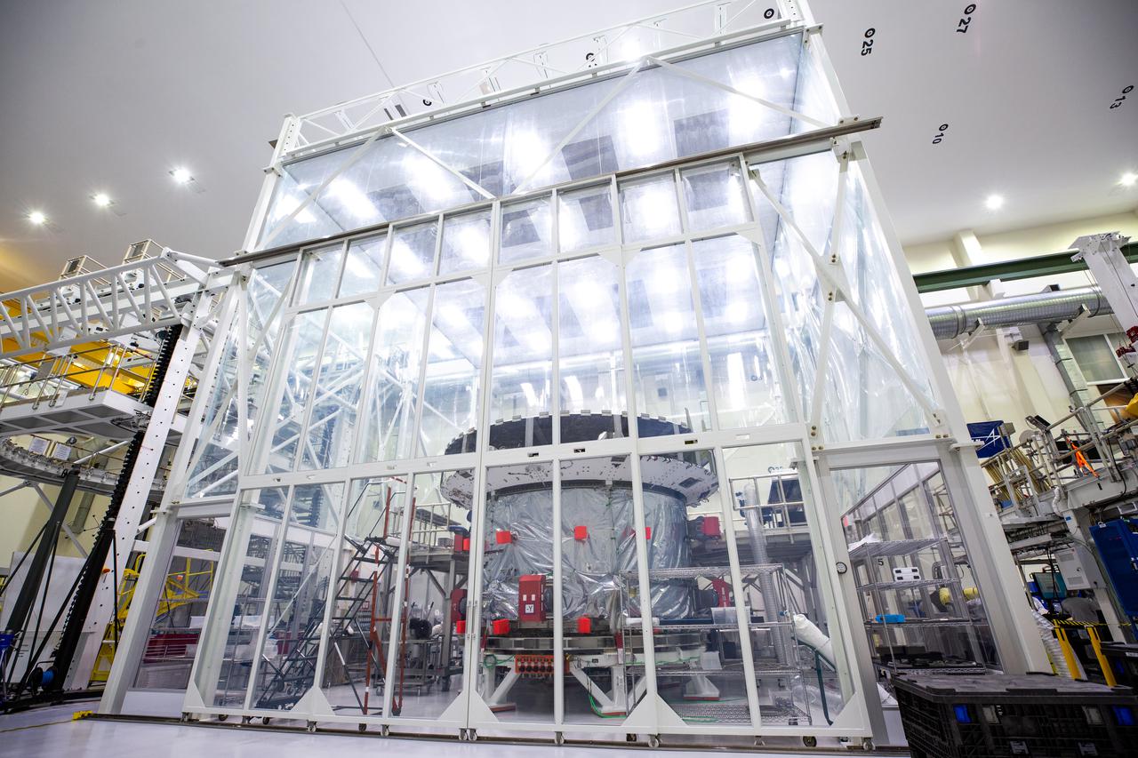 The European-built Service Module (ESM) for NASA’s Artemis II mission is on a work stand inside a clean room inside the high bay of the Neil A. Armstrong Operations and Checkout Building at NASA’s Kennedy Space Center in Florida on Jan. 12, 2022. Teams from NASA, Lockheed Martin, the European Space Agency and Airbus will prepare the service module to be integrated with the Orion crew module adapter and crew module, already housed in the facility. The powerhouse that will fuel and propel Orion in space, the ESM for Artemis II will be the first Artemis mission flying crew aboard Orion.