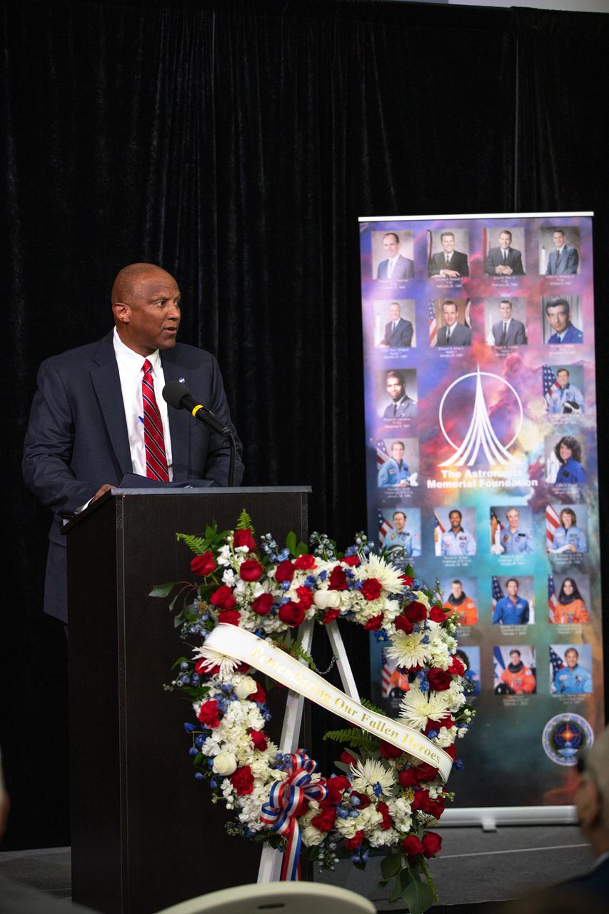 NASA’s Kennedy Space Center in Florida paid tribute to the crews of Apollo 1 and space shuttles Challenger and Columbia, as well as other astronauts who lost their lives while furthering the cause of exploration and discovery, during the agency's Day of Remembrance on Jan. 27, 2022. Kennedy Deputy Director Kelvin Manning speaks during a ceremony at the Center for Space Education at the Kennedy Space Center Visitor Complex.