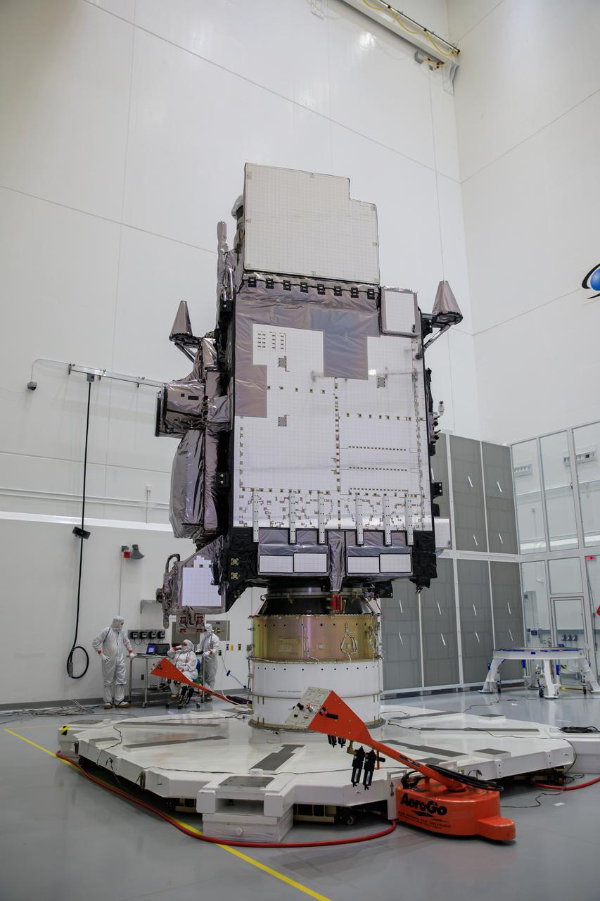 NOAA’s Geostationary Operational Environmental Satellite-T (GOES-T) is in view inside the Astrotech Space Operations facility in Titusville, Florida, on Jan. 28, 2022, as it is being prepared for encapsulation. GOES-T is scheduled to launch on March 1, 2022, atop a United Launch Alliance (ULA) Atlas V 541 rocket from Space Launch Complex 41 at Cape Canaveral Space Force Station. GOES-T is the third satellite in the GOES-R series that will continue to help meteorologists observe and predict local weather events that affect public safety. The launch is being managed by NASA’s Launch Services Program based at Kennedy Space Center in Florida, America’s multi-user spaceport. 