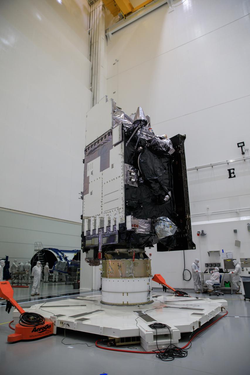NOAA’s Geostationary Operational Environmental Satellite-T (GOES-T) is in view inside the Astrotech Space Operations facility in Titusville, Florida, on Jan. 28, 2022, as it is being prepared for encapsulation. GOES-T is scheduled to launch on March 1, 2022, atop a United Launch Alliance (ULA) Atlas V 541 rocket from Space Launch Complex 41 at Cape Canaveral Space Force Station. GOES-T is the third satellite in the GOES-R series that will continue to help meteorologists observe and predict local weather events that affect public safety. The launch is being managed by NASA’s Launch Services Program based at Kennedy Space Center in Florida, America’s multi-user spaceport. 
