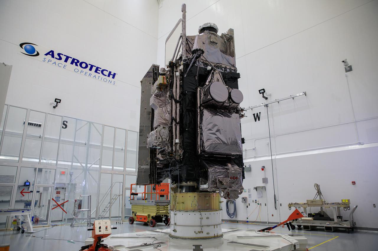 NOAA’s Geostationary Operational Environmental Satellite-T (GOES-T) is secured on a work stand inside the Astrotech Space Operations facility in Titusville, Florida, on Jan. 28, 2022, as it is being prepared for encapsulation. GOES-T is scheduled to launch on March 1, 2022, atop a United Launch Alliance (ULA) Atlas V 541 rocket from Space Launch Complex 41 at Cape Canaveral Space Force Station. GOES-T is the third satellite in the GOES-R series that will continue to help meteorologists observe and predict local weather events that affect public safety. The launch is being managed by NASA’s Launch Services Program based at Kennedy Space Center in Florida, America’s multi-user spaceport. 