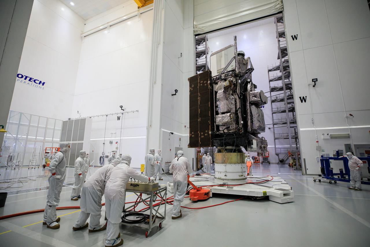 Technicians move NOAA’s Geostationary Operational Environmental Satellite-T (GOES-T) inside the Astrotech Space Operations facility in Titusville, Florida, on Jan. 28, 2022. The spacecraft is being prepared for encapsulation inside its protective payload fairings. GOES-T is scheduled to launch on March 1, 2022, atop a United Launch Alliance (ULA) Atlas V 541 rocket from Space Launch Complex 41 at Cape Canaveral Space Force Station. GOES-T is the third satellite in the GOES-R series that will continue to help meteorologists observe and predict local weather events that affect public safety. The launch is being managed by NASA’s Launch Services Program based at Kennedy Space Center in Florida, America’s multi-user spaceport. 