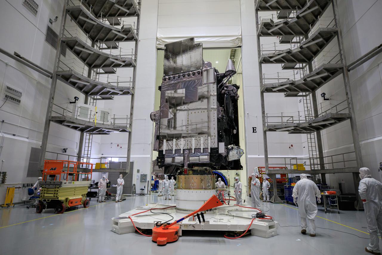 NOAA’s Geostationary Operational Environmental Satellite-T (GOES-T) is moved inside the Astrotech Space Operations facility in Titusville, Florida, on Jan. 28, 2022, in preparation for encapsulation inside its protective payload fairings. GOES-T is scheduled to launch on March 1, 2022, atop a United Launch Alliance (ULA) Atlas V 541 rocket from Space Launch Complex 41 at Cape Canaveral Space Force Station. GOES-T is the third satellite in the GOES-R series that will continue to help meteorologists observe and predict local weather events that affect public safety. The launch is being managed by NASA’s Launch Services Program based at Kennedy Space Center in Florida, America’s multi-user spaceport. 