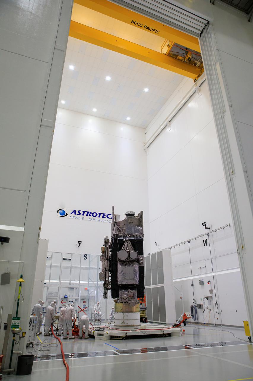 NOAA’s Geostationary Operational Environmental Satellite-T (GOES-T) is moved inside the Astrotech Space Operations facility in Titusville, Florida, on Jan. 28, 2022, in preparation for encapsulation inside its protective payload fairings. GOES-T is scheduled to launch on March 1, 2022, atop a United Launch Alliance (ULA) Atlas V 541 rocket from Space Launch Complex 41 at Cape Canaveral Space Force Station. GOES-T is the third satellite in the GOES-R series that will continue to help meteorologists observe and predict local weather events that affect public safety. The launch is being managed by NASA’s Launch Services Program based at Kennedy Space Center in Florida, America’s multi-user spaceport. 