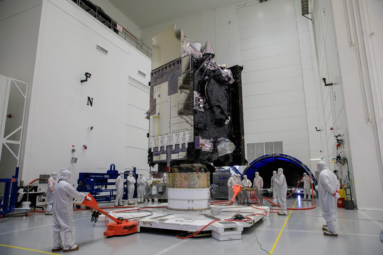 Technicians move NOAA’s Geostationary Operational Environmental Satellite-T (GOES-T) inside the Astrotech Space Operations facility in Titusville, Florida, on Jan. 28, 2022. The spacecraft is being prepared for encapsulation inside its protective payload fairings. GOES-T is scheduled to launch on March 1, 2022, atop a United Launch Alliance (ULA) Atlas V 541 rocket from Space Launch Complex 41 at Cape Canaveral Space Force Station. GOES-T is the third satellite in the GOES-R series that will continue to help meteorologists observe and predict local weather events that affect public safety. The launch is being managed by NASA’s Launch Services Program based at Kennedy Space Center in Florida, America’s multi-user spaceport. 