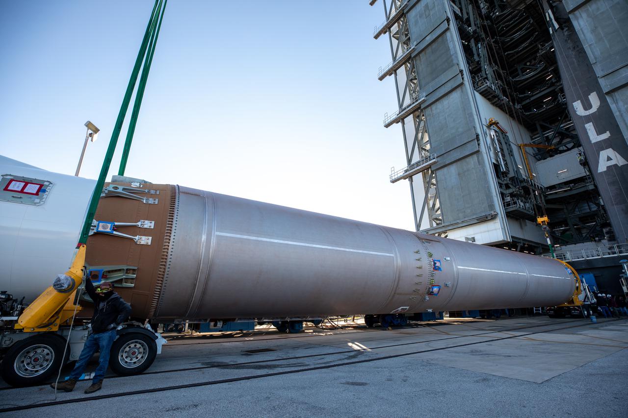 A United Launch Alliance (ULA) Atlas V 541 rocket first stage arrives at the Space Launch Complex-41 Vertical Integration Facility at Cape Canaveral Space Force Station in Florida on Jan. 31, 2022. The Atlas V will launch the National Oceanic and Atmospheric Administration’s (NOAA) Geostationary Operational Environmental Satellite T (GOES-T). GOES-T is the third satellite in the GOES-R series that will continue to help meteorologists observe and predict local weather events that affect public safety. GOES-T is scheduled to launch from Space Launch Complex-41 on March 1, 2022. The launch is being managed by NASA’s Launch Services Program based at Kennedy Space Center, America’s multi-user spaceport.