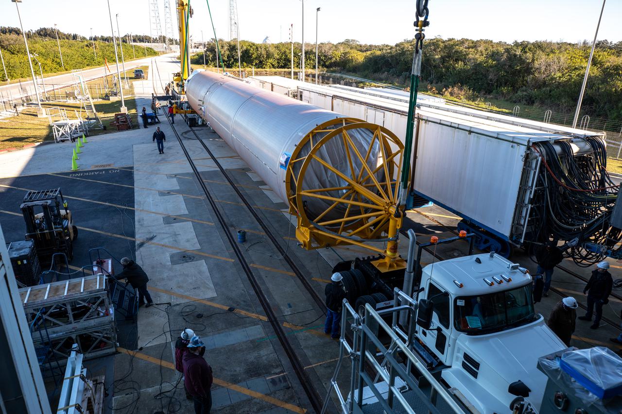 A United Launch Alliance (ULA) Atlas V 541 rocket first stage arrives at the Space Launch Complex-41 Vertical Integration Facility at Cape Canaveral Space Force Station in Florida on Jan. 31, 2022. The Atlas V will launch the National Oceanic and Atmospheric Administration’s (NOAA) Geostationary Operational Environmental Satellite T (GOES-T). GOES-T is the third satellite in the GOES-R series that will continue to help meteorologists observe and predict local weather events that affect public safety. GOES-T is scheduled to launch from Space Launch Complex-41 on March 1, 2022. The launch is being managed by NASA’s Launch Services Program based at Kennedy Space Center, America’s multi-user spaceport.