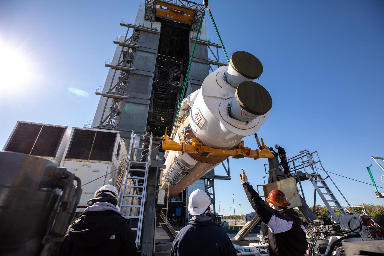 United Launch Alliance’s (ULA) first stage of the Atlas V 541 rocket is lifted up at the Space Launch Complex-41 Vertical Integration Facility at Cape Canaveral Space Force Station in Florida on Jan. 31, 2022. The Atlas V will launch the National Oceanic and Atmospheric Administration’s (NOAA) Geostationary Operational Environmental Satellite T (GOES-T). GOES-T is the third satellite in the GOES-R series that will continue to help meteorologists observe and predict local weather events that affect public safety. GOES-T is scheduled to launch from Space Launch Complex-41 on March 1, 2022. The launch is being managed by NASA’s Launch Services Program based at Kennedy Space Center, America’s multi-user spaceport.