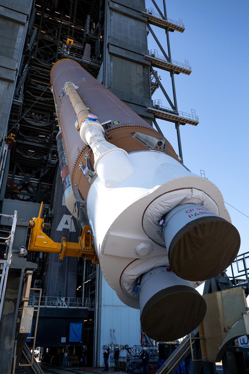 A crane is used to lift the United Launch Alliance’s (ULA) first stage of the Atlas V 541 rocket for its move into the Space Launch Complex-41 Vertical Integration Facility at Cape Canaveral Space Force Station in Florida on Jan. 31, 2022. The Atlas V will launch the National Oceanic and Atmospheric Administration’s (NOAA) Geostationary Operational Environmental Satellite T (GOES-T). GOES-T is the third satellite in the GOES-R series that will continue to help meteorologists observe and predict local weather events that affect public safety. GOES-T is scheduled to launch from Space Launch Complex-41 on March 1, 2022. The launch is being managed by NASA’s Launch Services Program based at Kennedy Space Center, America’s multi-user spaceport.