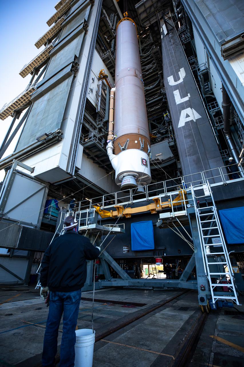 The United Launch Alliance’s (ULA) Atlas V 541 rocket first stage is lifted vertical for its move into the Space Launch Complex-41 Vertical Integration Facility at Cape Canaveral Space Force Station in Florida on Jan. 31, 2022. The Atlas V will launch the National Oceanic and Atmospheric Administration’s (NOAA) Geostationary Operational Environmental Satellite T (GOES-T). GOES-T is the third satellite in the GOES-R series that will continue to help meteorologists observe and predict local weather events that affect public safety. GOES-T is scheduled to launch from Space Launch Complex-41 on March 1, 2022. The launch is being managed by NASA’s Launch Services Program based at Kennedy Space Center, America’s multi-user spaceport.