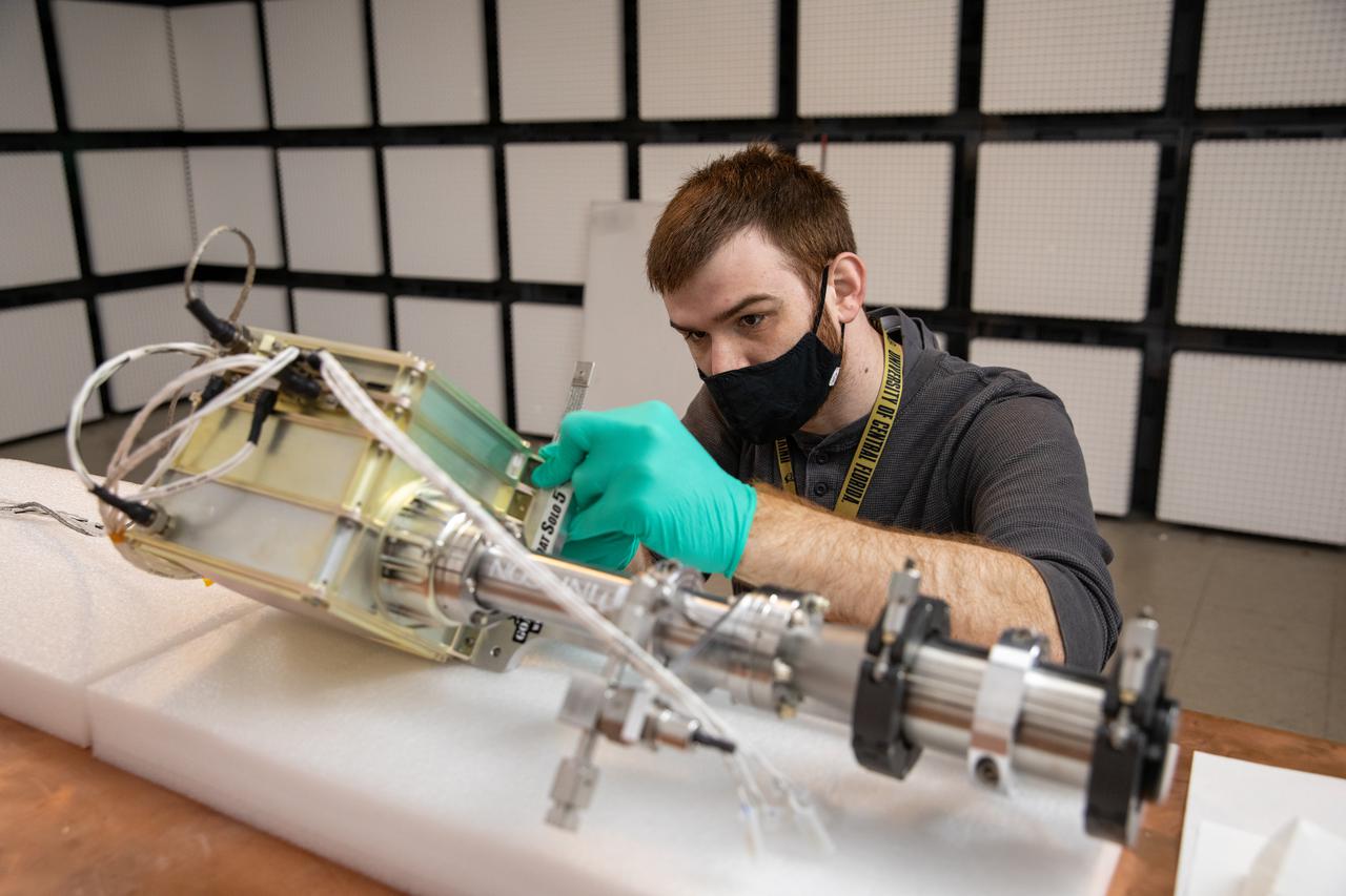 Electronics Engineer and Mass Spectrometer Observing Lunar Operations (MSolo) team member Nate Cain conducts electromagnetic interference (EMI) testing inside the EMI Laboratory at NASA’s Kennedy Space Center in Florida on Feb. 14, 2022. These tests will verify that MSolo can control the emissions it will produce during its missions and meets EMI susceptibility requirements as part of its preparation to operate in the lunar environment. The third MSolo to go through EMI testing, this is an engineering development unit representative of the flight unit manifested to fly to the Moon’s South Pole as a payload on the agency’s Volatiles Investigating Polar Exploration Rover (VIPER) in 2023. Researchers and engineers are preparing MSolo instruments to launch on four robotic missions as part of NASA’s Commercial Lunar Payload Services (CLPS) – the first of which is slated for later this year. MSolo will help analyze the chemical makeup of landing sites on the Moon, with the later missions also studying water on the lunar surface.